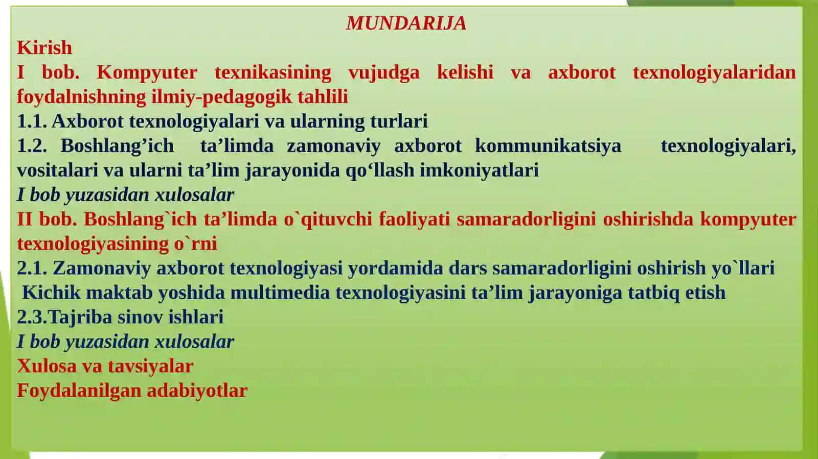 Boshlang`ich ta`limo`qituvchi pedagogik faoliyatida kompyuter texnologiyasining o`rni 2