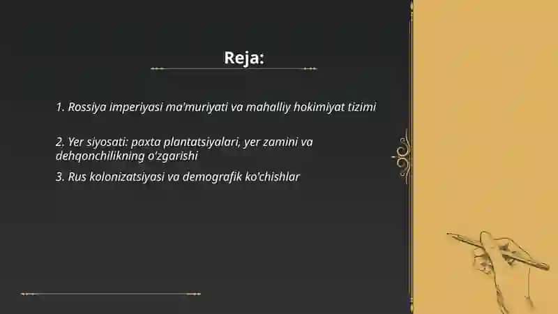 Rossiya imperiyasi va sovet hukmronligi davrida o'lkadagi ijtimoiy-iqtisodiy, siyosiy va ma'naviy jarayonlar 2