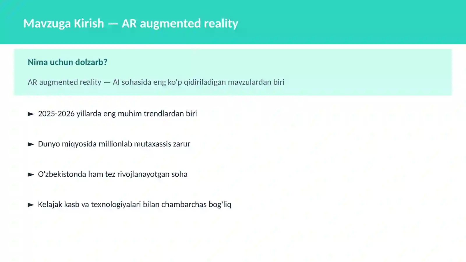 Mavzuga Kirish — AR augmented reality 2