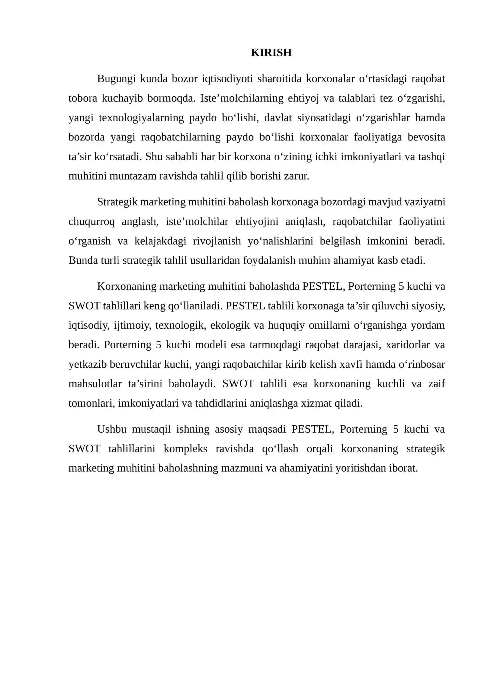 PESTEL, PORTERNING 5 KUCHI VA SWOT TAHLILLARINI KOMPLEKS QO‘LLASH ORQALI KORXONANING STRATEGIK MARKETING MUHITINI BAHOLASH 2