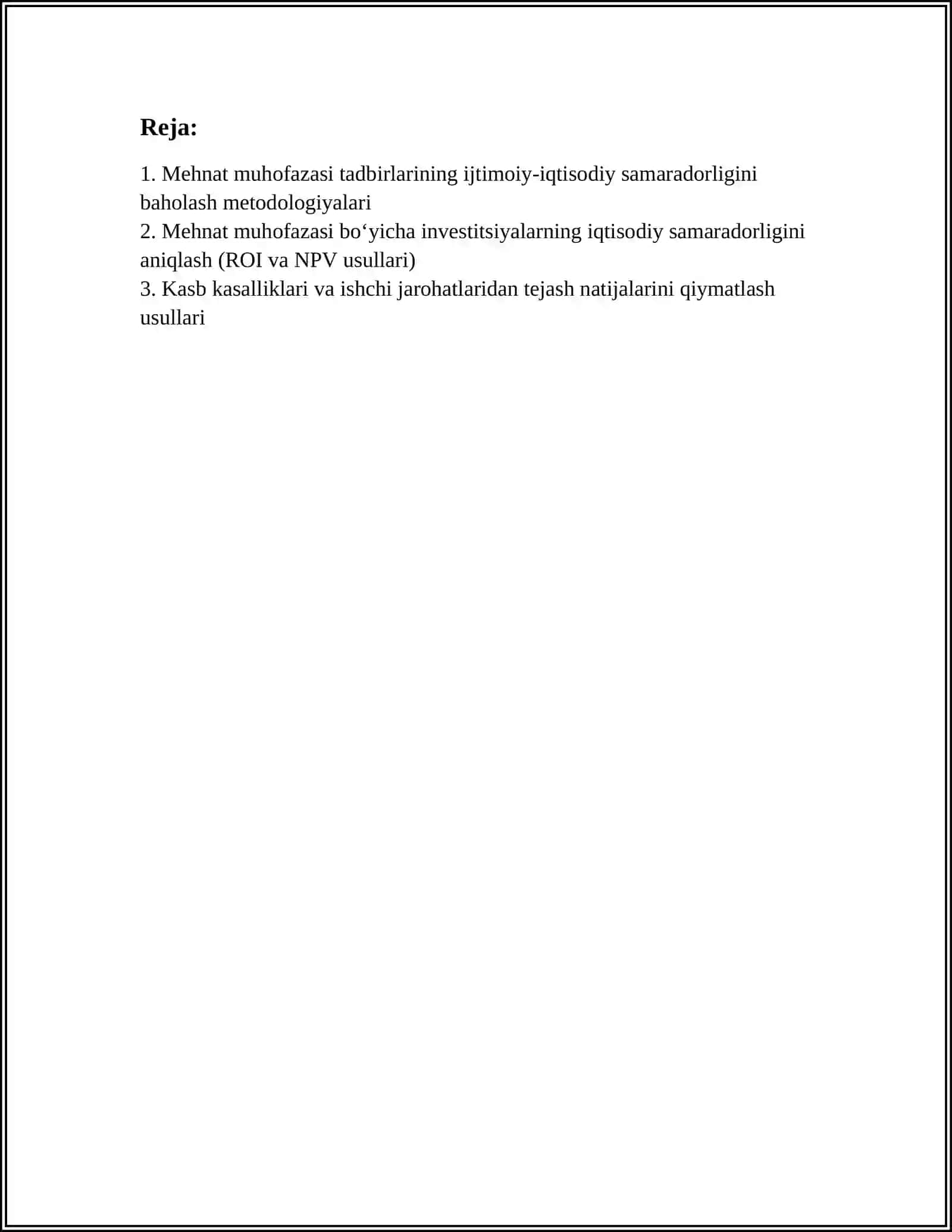 Mehnat muhofazasi tadbirlarining ijtimoiy-iqtisodiy samaradorligini baholash metodologiyalari 2