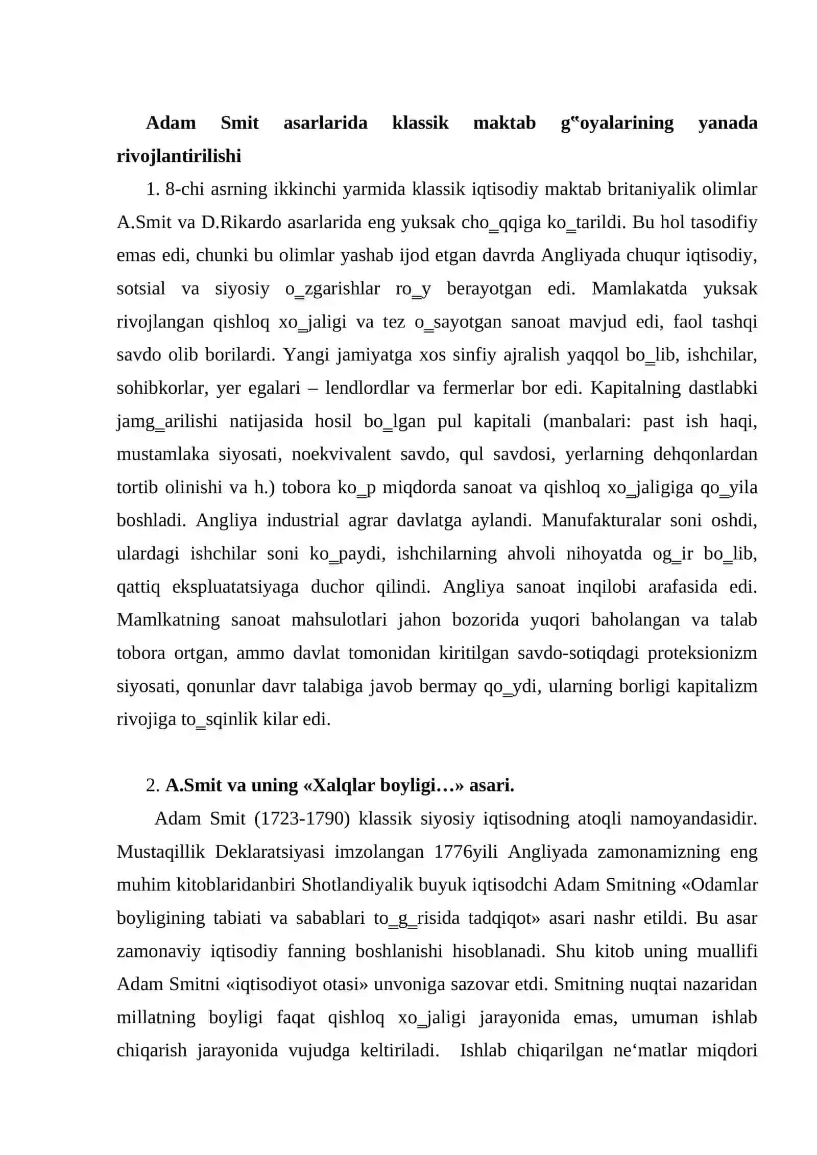 Adam Smit asarlarida klassik maktab ning to’la shakllanishi, Smit va Rikardolarning iqtisodiy ta`limotlari 2
