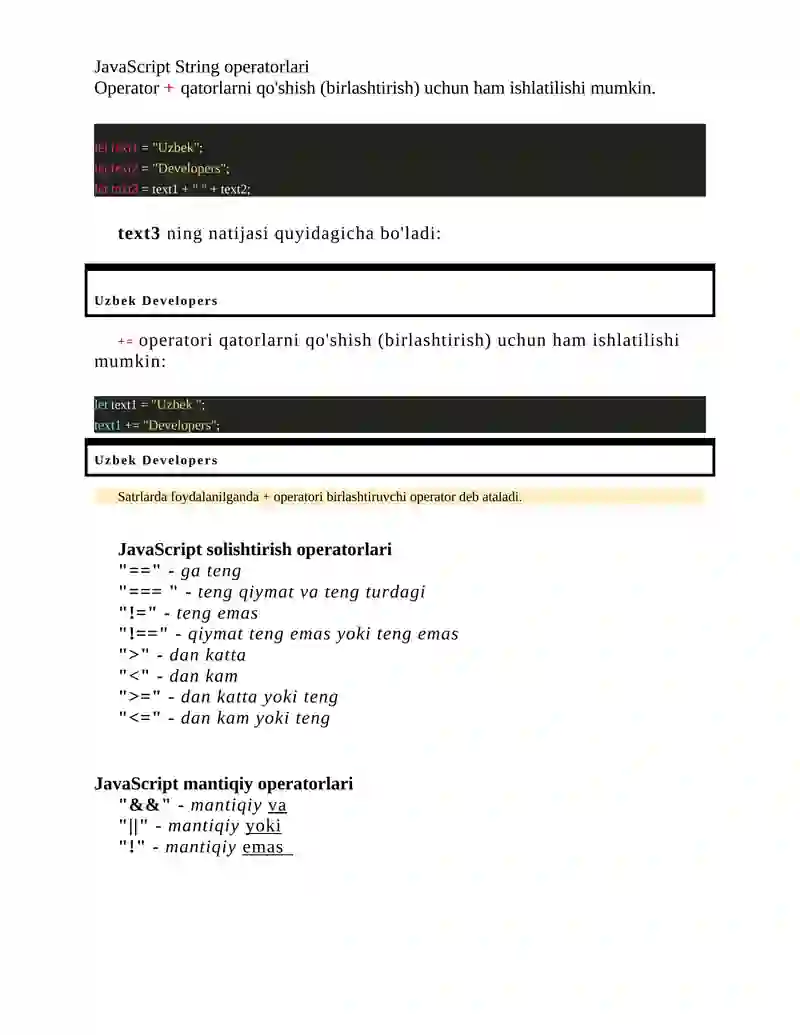 JavaScript Operatorlar 2