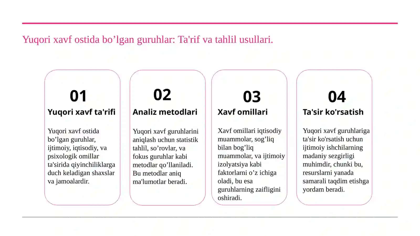 Yuqori xavf ostida bo’lgan odamlar va guruhlar bilan ijtimoiy ish olib borish 2