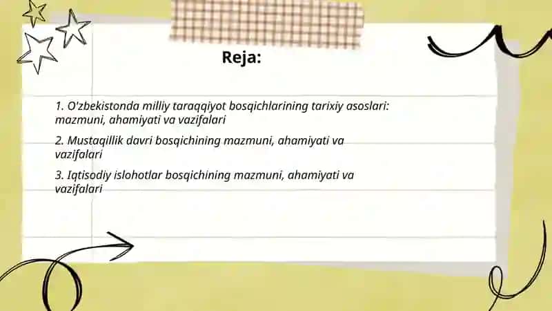 O'zbekistonda milliy taraqqiyot bosqichlarining mazmuni ahamiyati va vazifalari 2