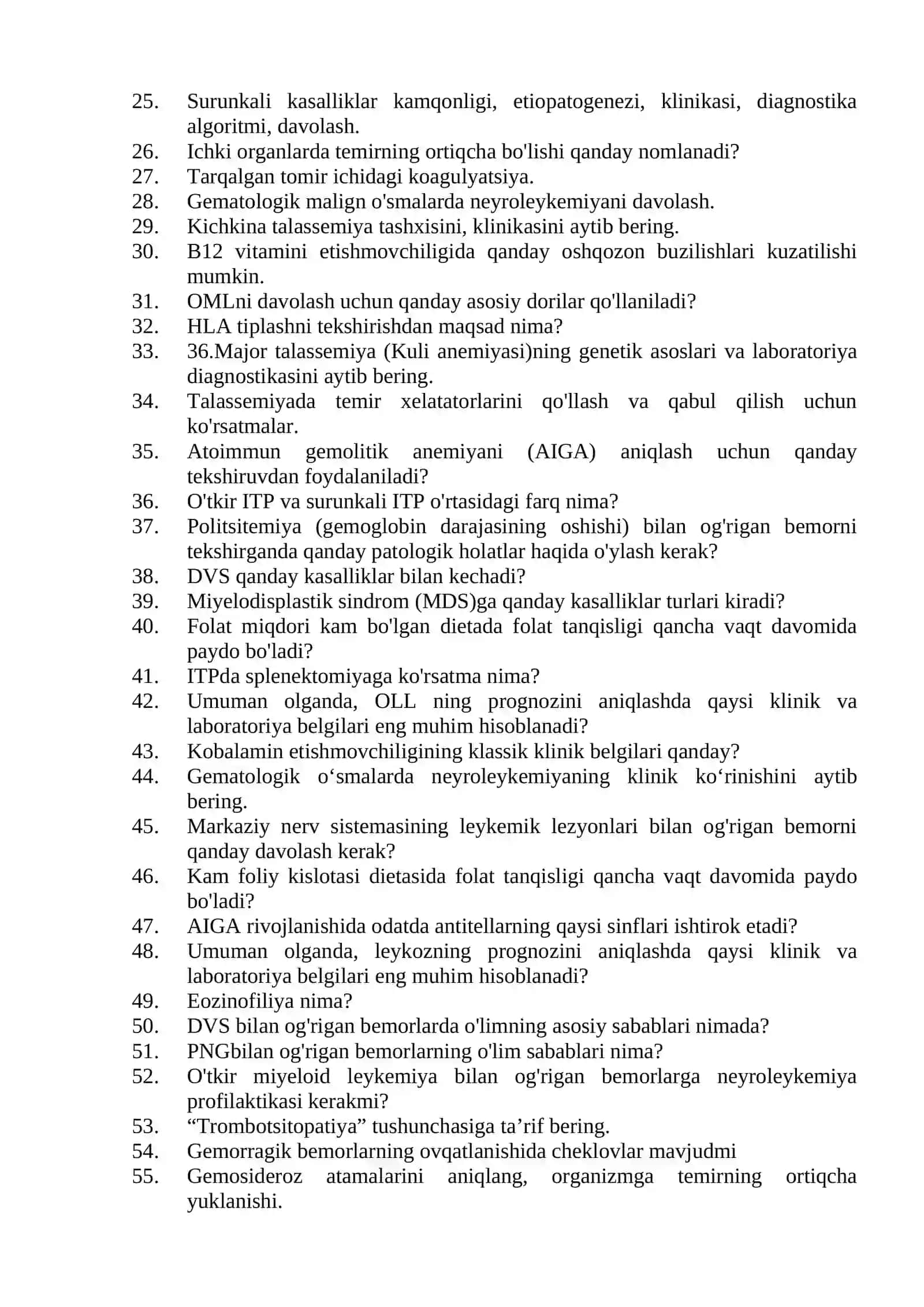 Gematologiya mutaxassisligi bo'yicha shakllantirilgan og'zaki savollar ro'yxati 2