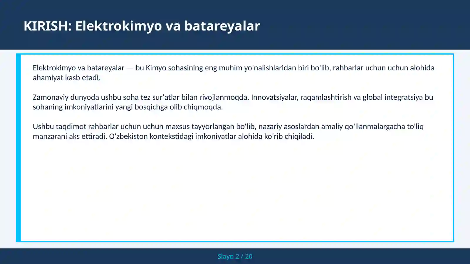 Elektrokimyo va batareyalar 2