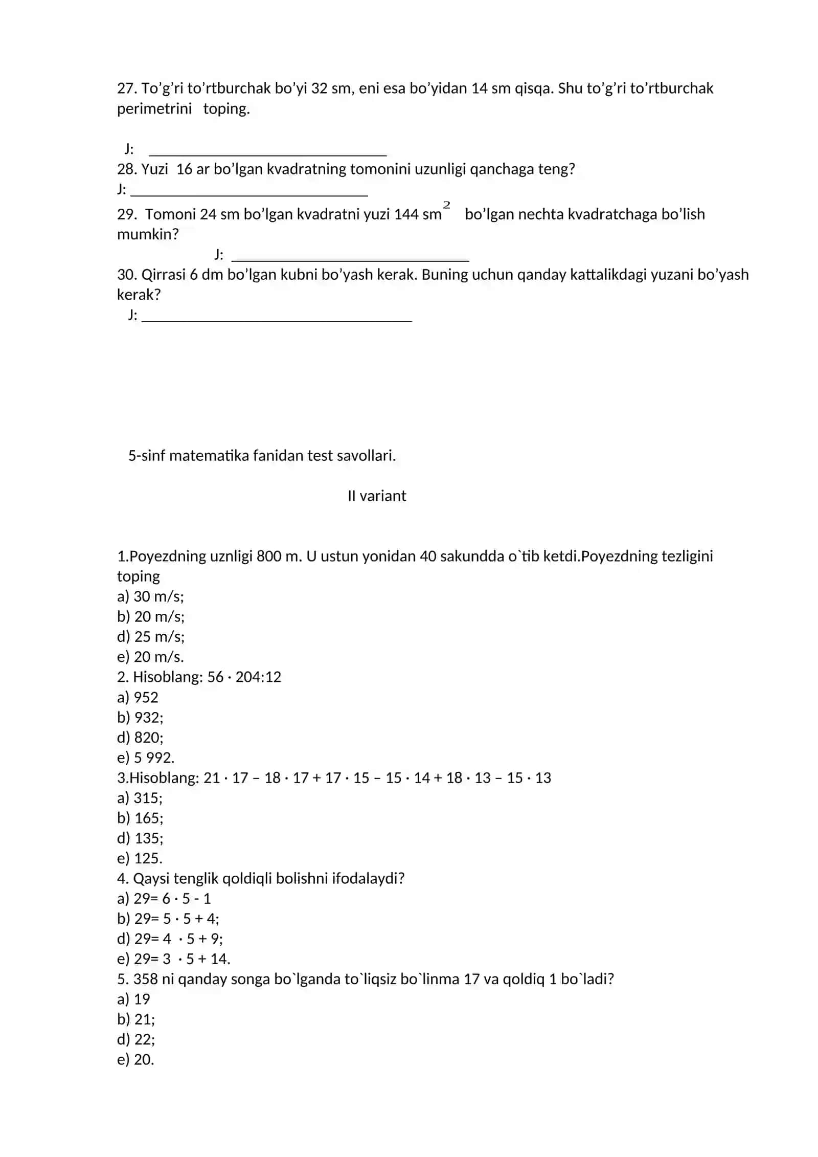 5-sinf Matematika fanidan testlar 2