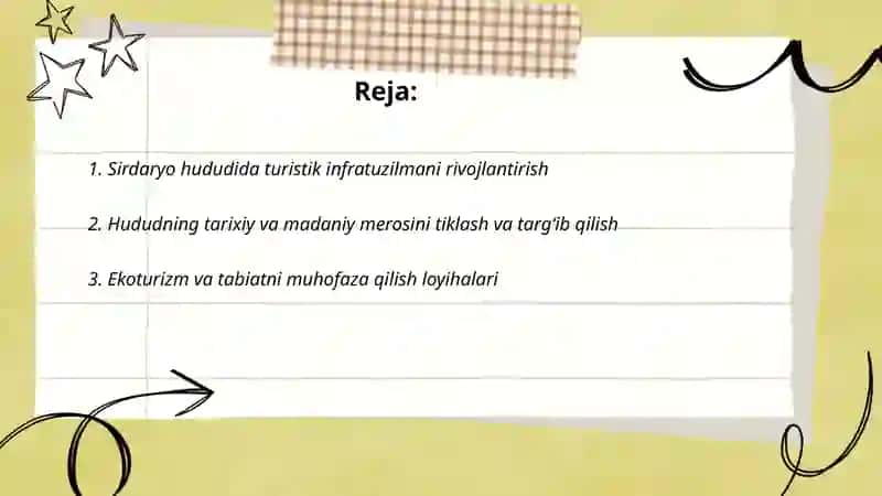 Sirdaryo hududida sayyohlik salohiyatini oshirish ishlari 2