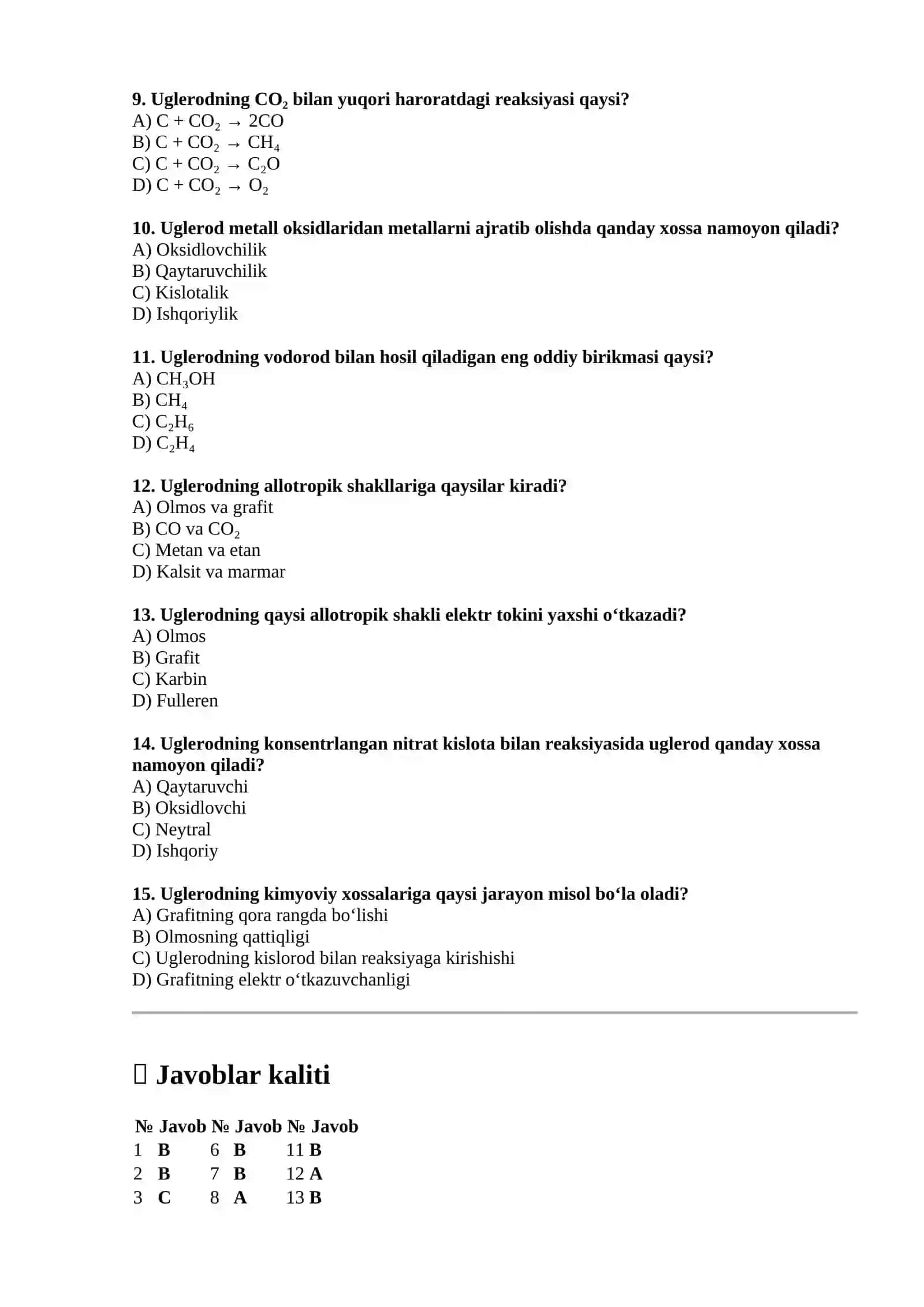 Uglerodning fizik va kimyoviy xossalari — 15 ta test 2