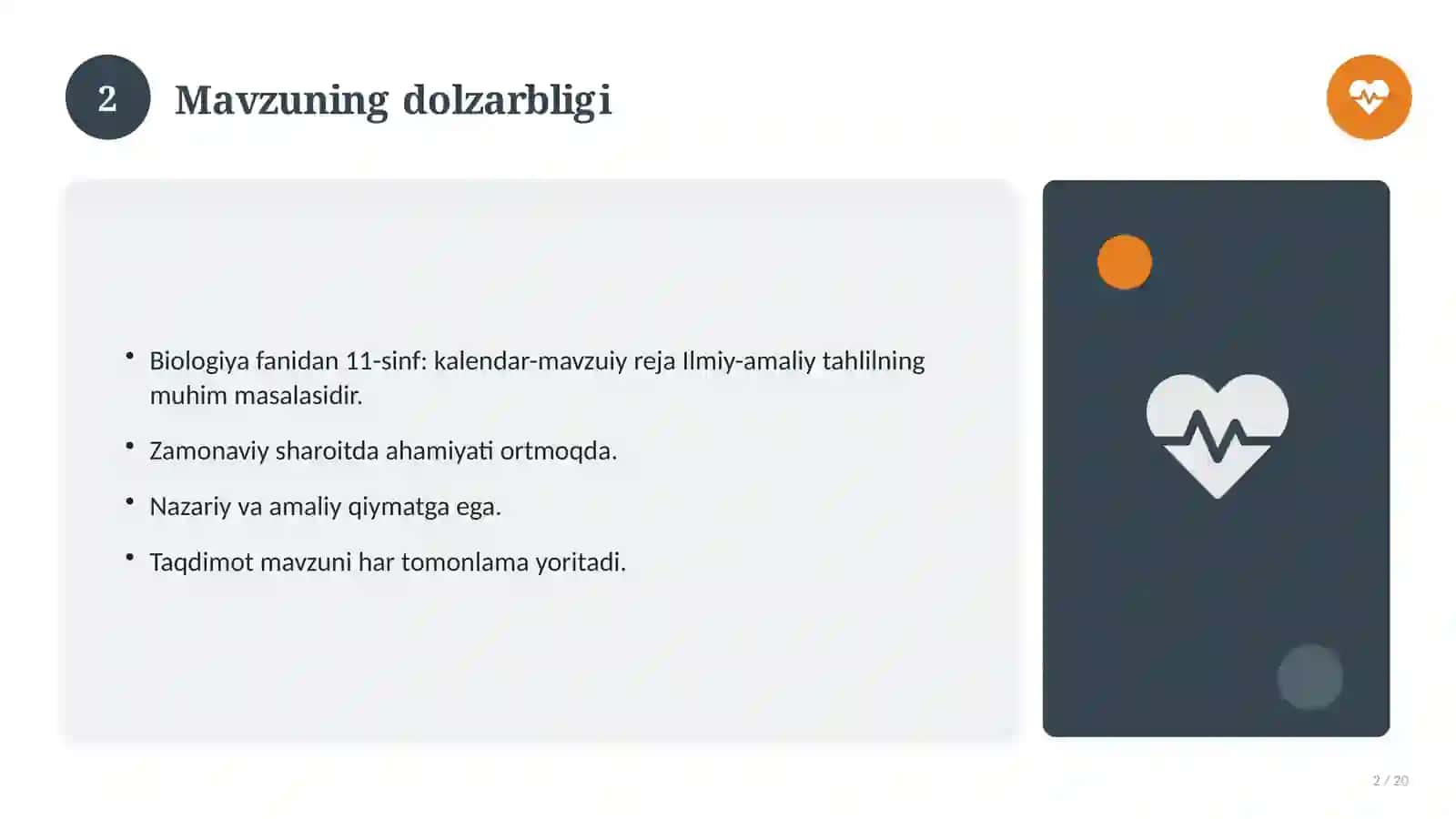 Biologiya fanidan 11-sinf: kalendar-mavzuiy reja 2