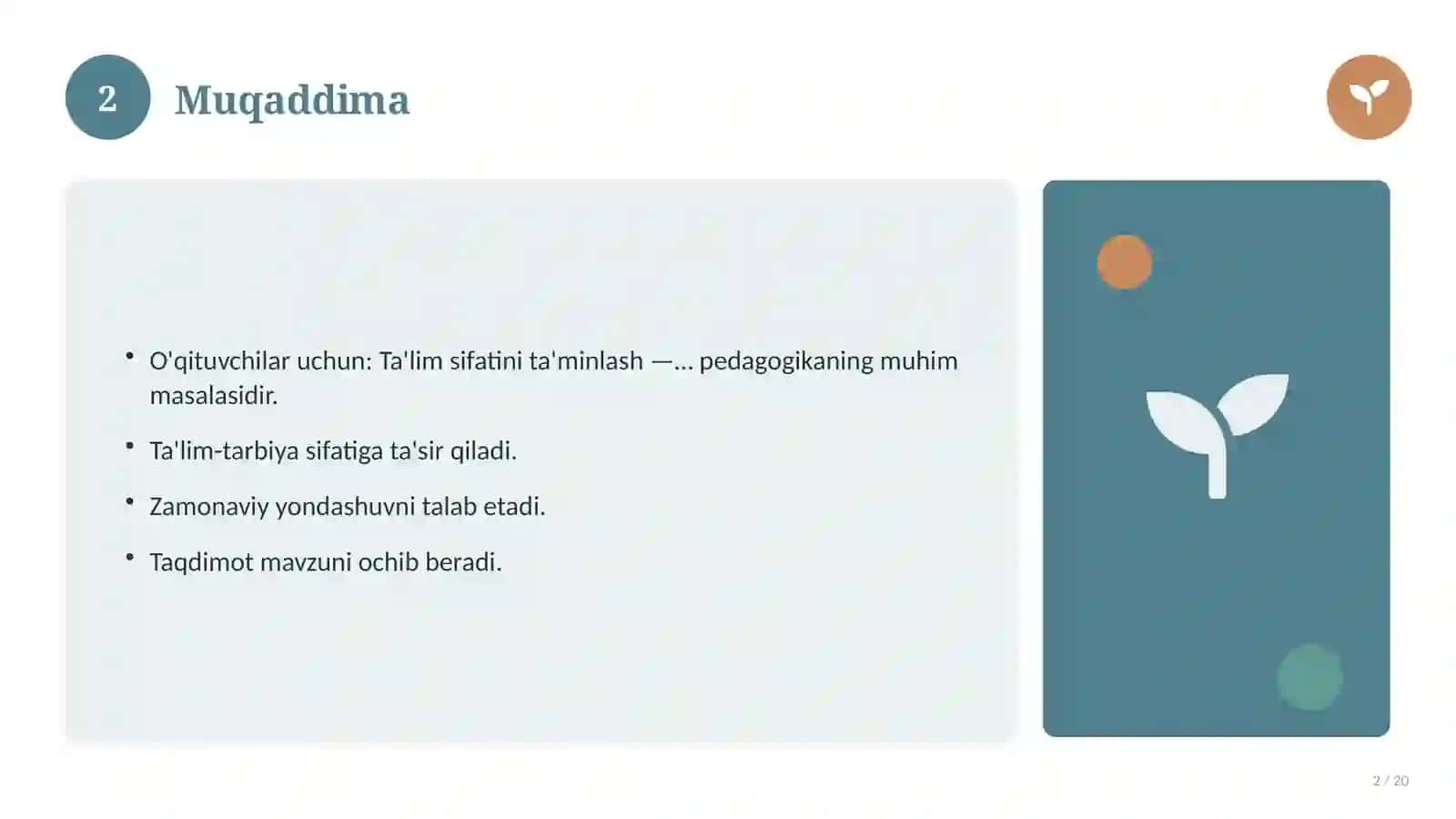 Ta'lim sifatini ta'minlash — amaliy tatbiqi (Pedagogik loyiha) 2
