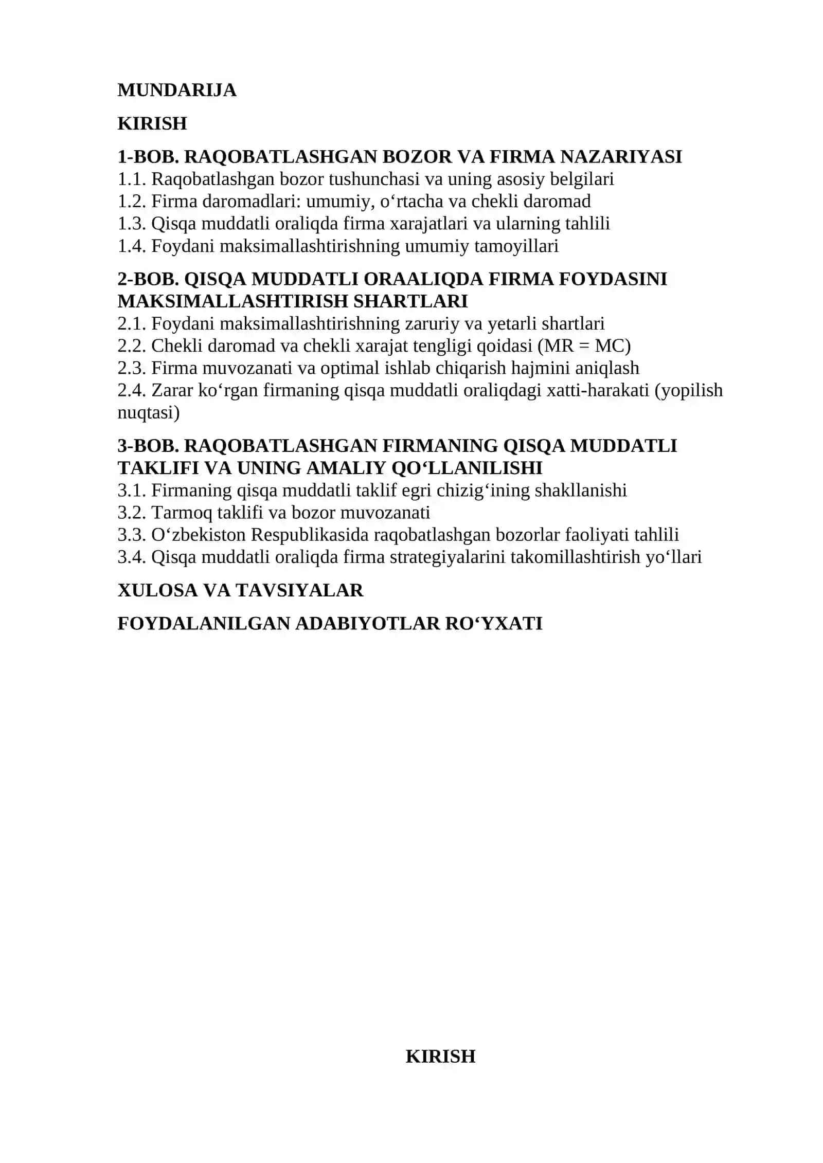 "Mikroiqtisodiyot" fanidan " Raqobatlashgan bozorda qisqa muddatli oraliqda firma foydasini maksimallashtirish shartlari va uning taklifi" mavzusida 2
