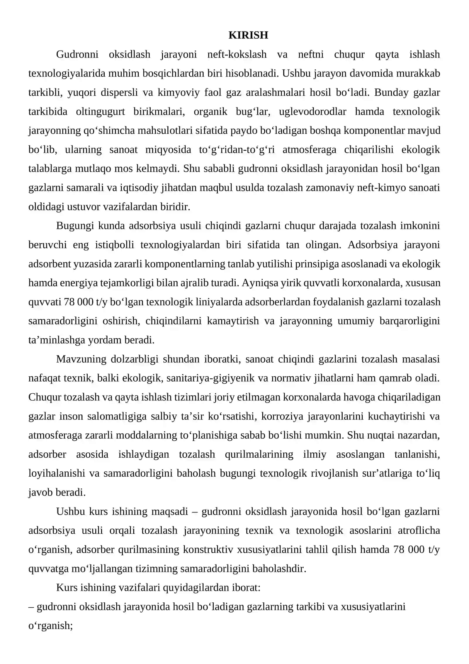 Gudronni oksidlashdan hosil bo'lgan gazlarni adsorberda tozalash quvvati 2