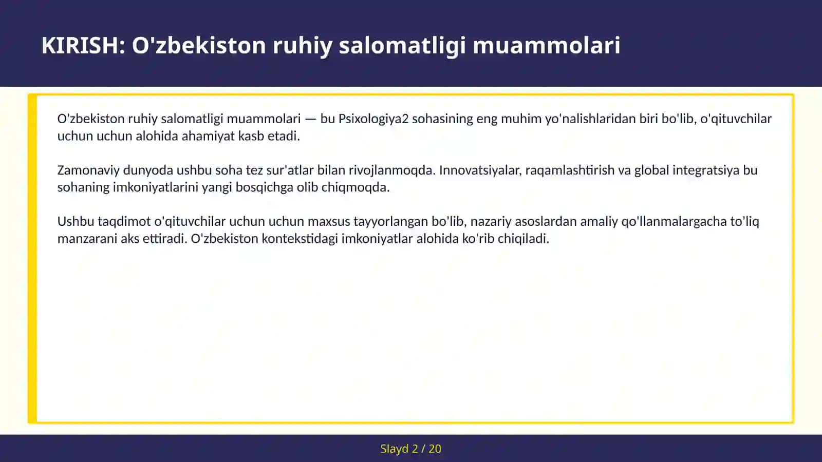 O'zbekiston ruhiy salomatligi muammolari 2