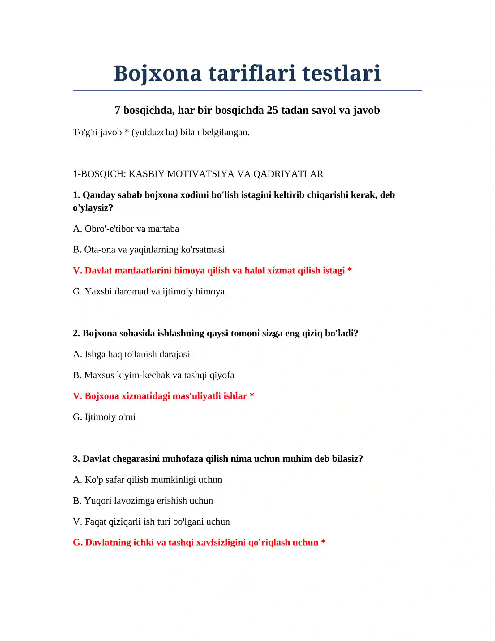 Bojxona tariflari testlari 2