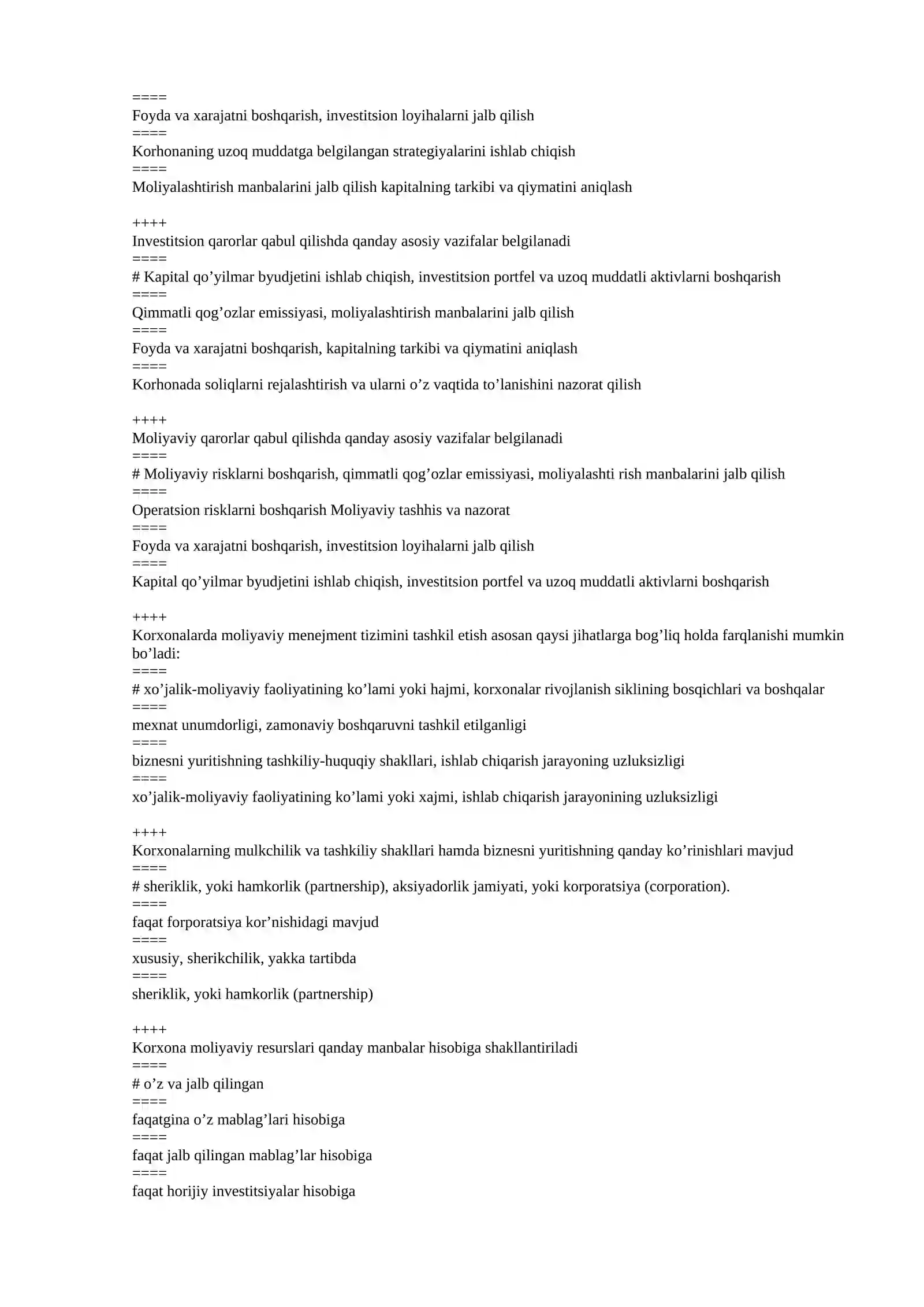 KORPORATIV MOLIYA fanidan yakuniy nazorat uchun test savollari 2