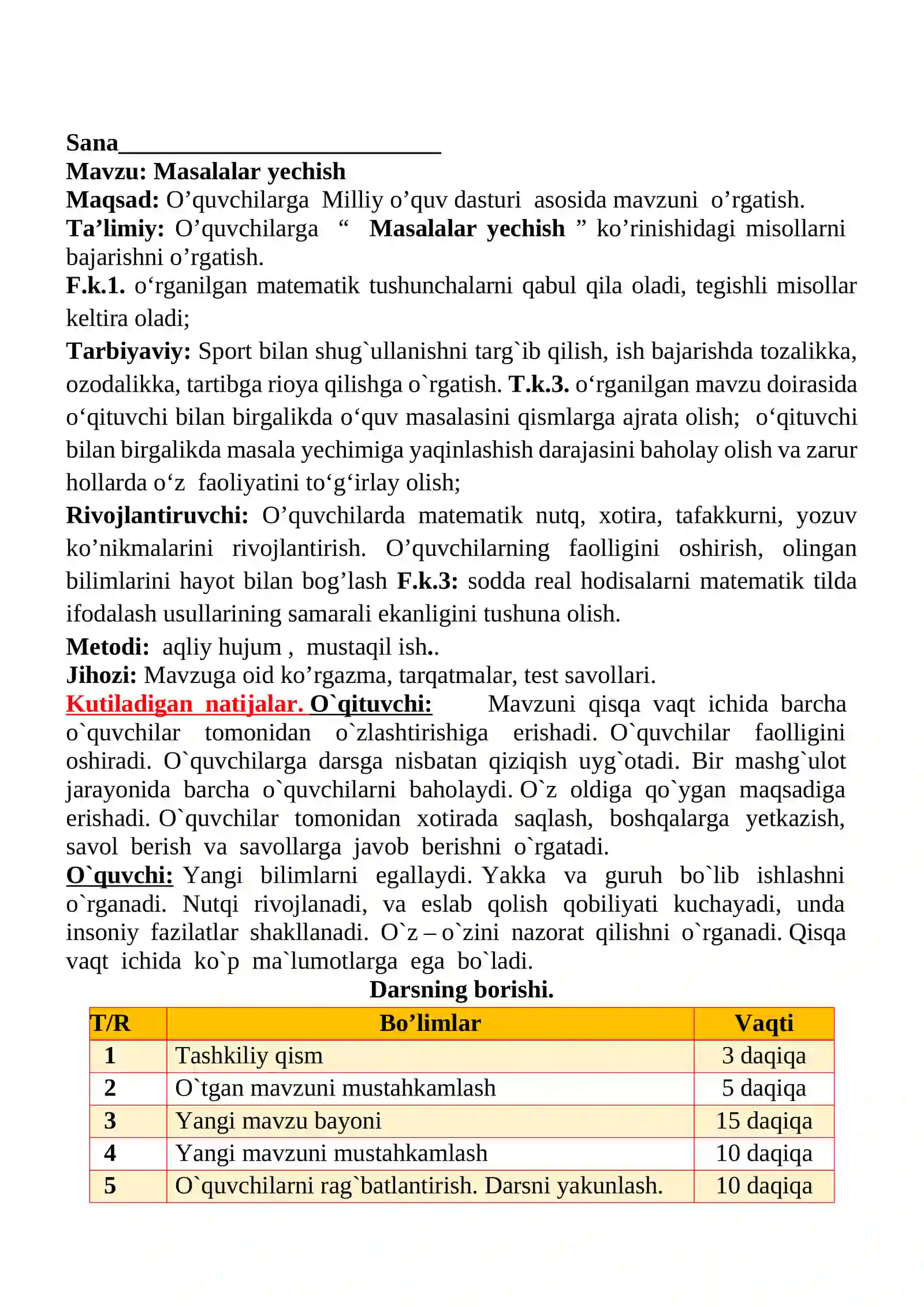 Masalalar yechish 1-sinflar uchun Matematika fanidan dars ishlanmasi 2