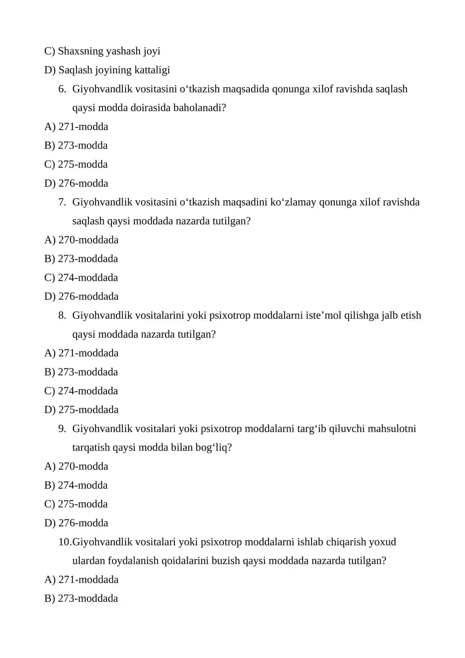 Giyohvandlik Vositalari va Psixotrop Moddalar Bilan Qonunga Xilof Ravishda Muomala qilishdan iborat Jinoyatlar Testi 2