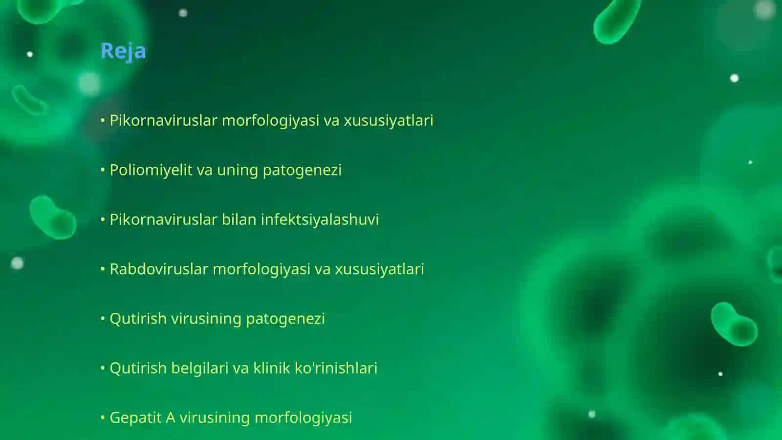 Pikornaviruslar (poliomiyelit). Rabdoviruslar (qutirish). Najas, og'iz orqali yuquvchi gepatit A va E viruslarining. Virusologik diagnostikasi va profilaktikasi.Har birining morfologiyasi,odamda patogenezi, labaratoriya tashxisi usullari kengroq va davolash profilaktikasi Fan: Mikrobiologiya 2