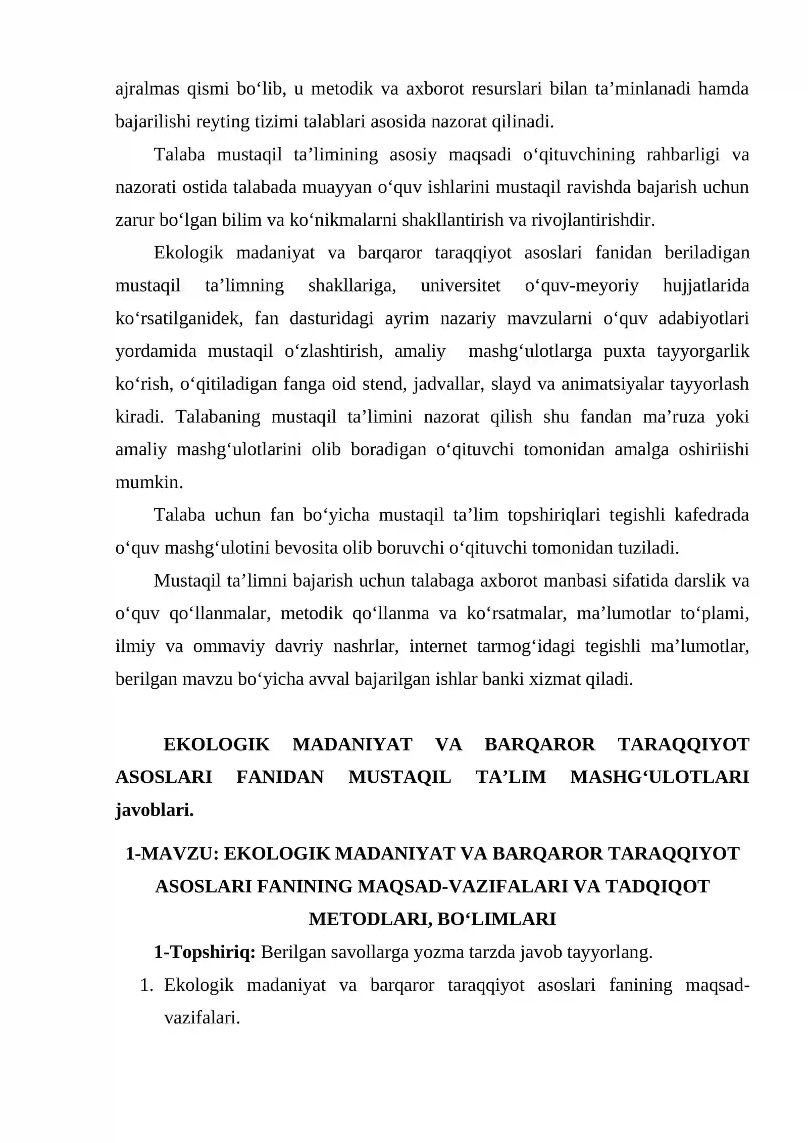 EKOLOGIK MADANIYAT VA BARQAROR TARAQQIYOT ASOSLARI FANIDAN MUSTAQIL TA’LIM ishi 2