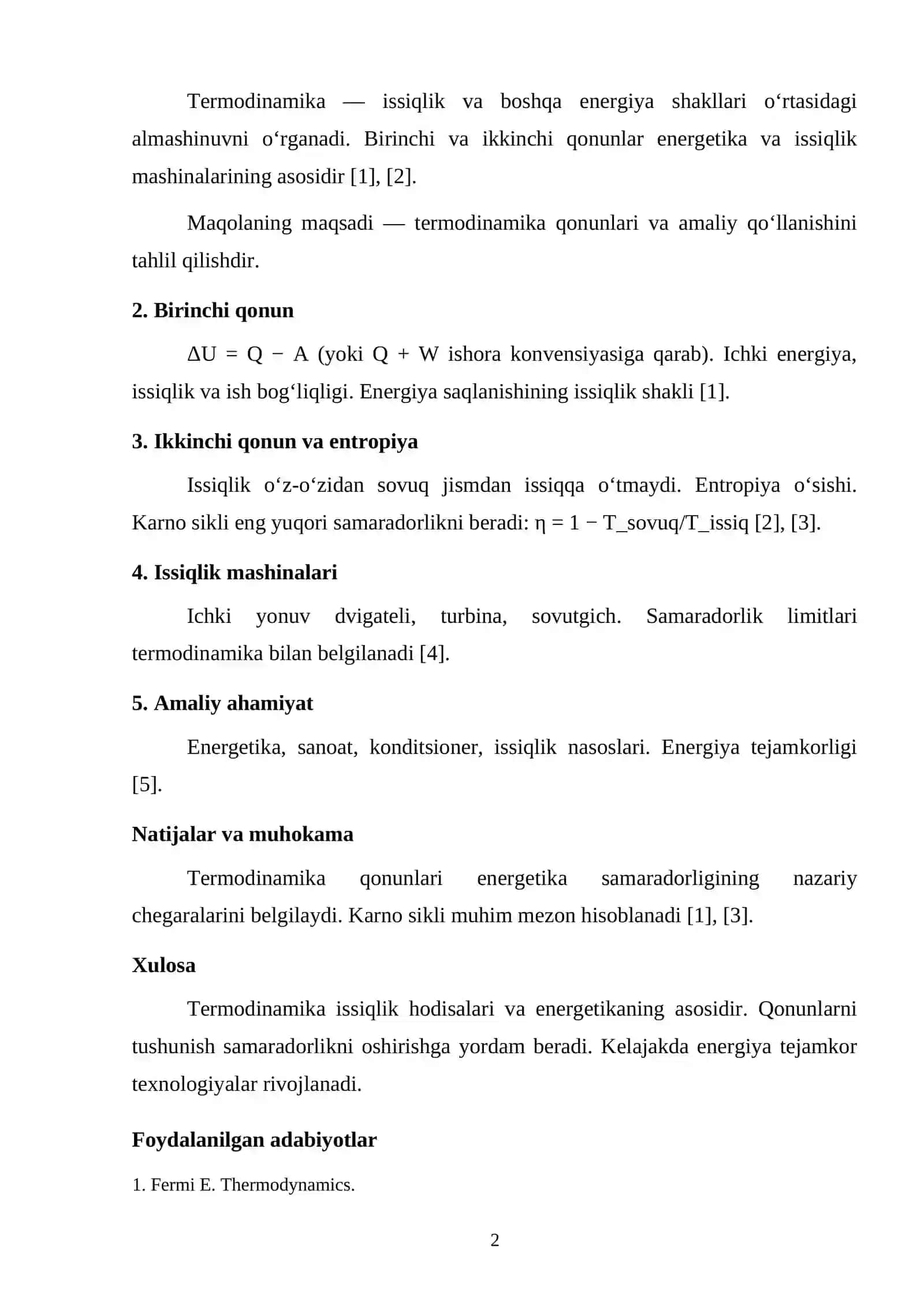 ISSIQLIK HODISALARI, TERMODINAMIKA QONUNLARI VA ULARNING AMALIY QO‘LLANILISHI 2