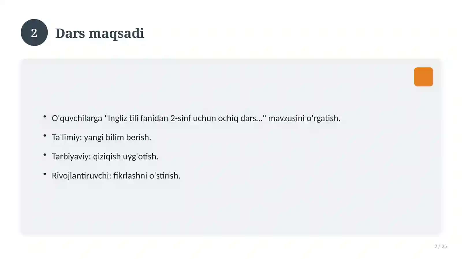 Ingliz tili fanidan 2-sinf uchun ochiq dars ishlanmasi 2