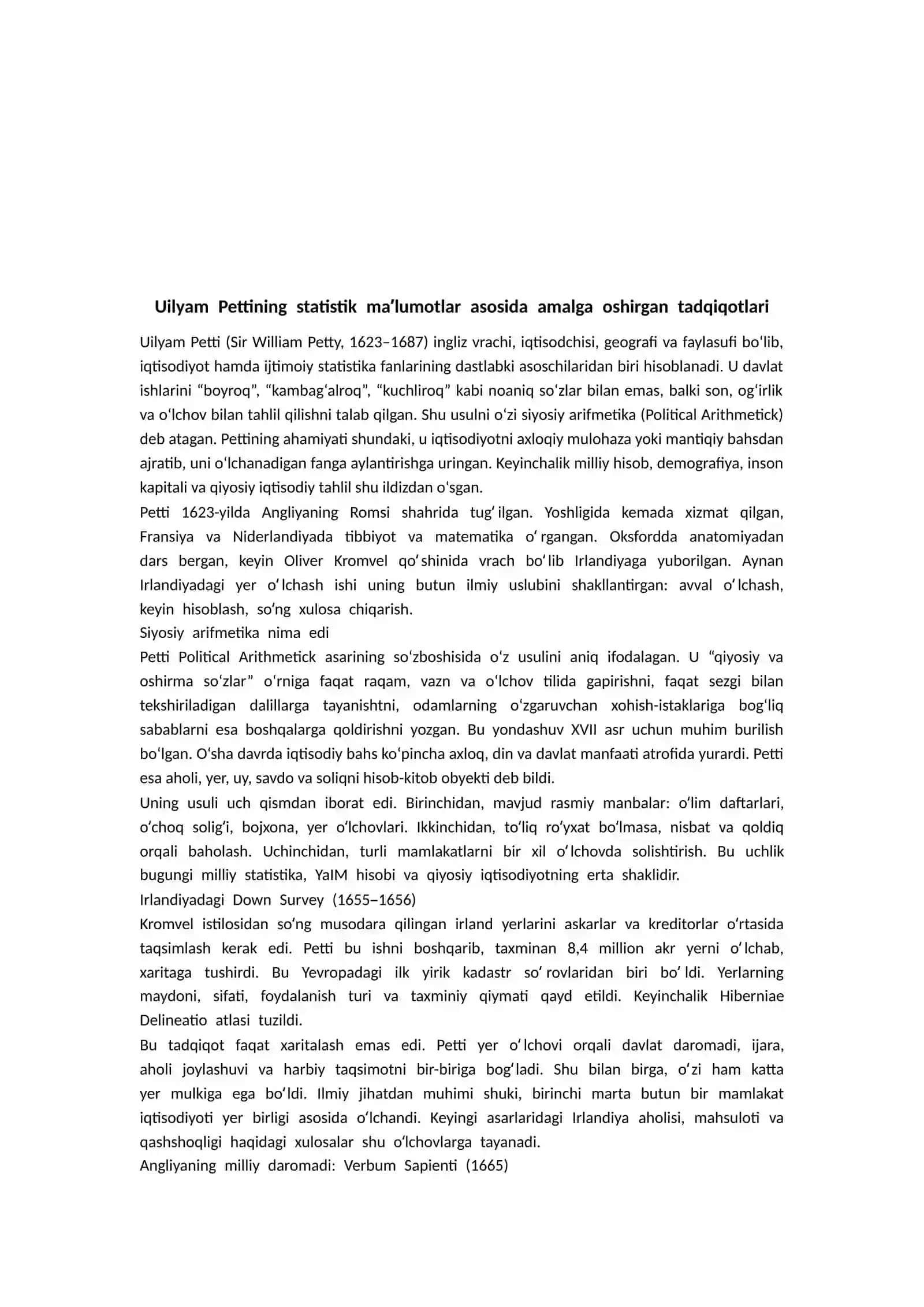 Uilyam Pettining statistik ma’lumotlar asosida amalga oshirgan tadqiqotlari 2