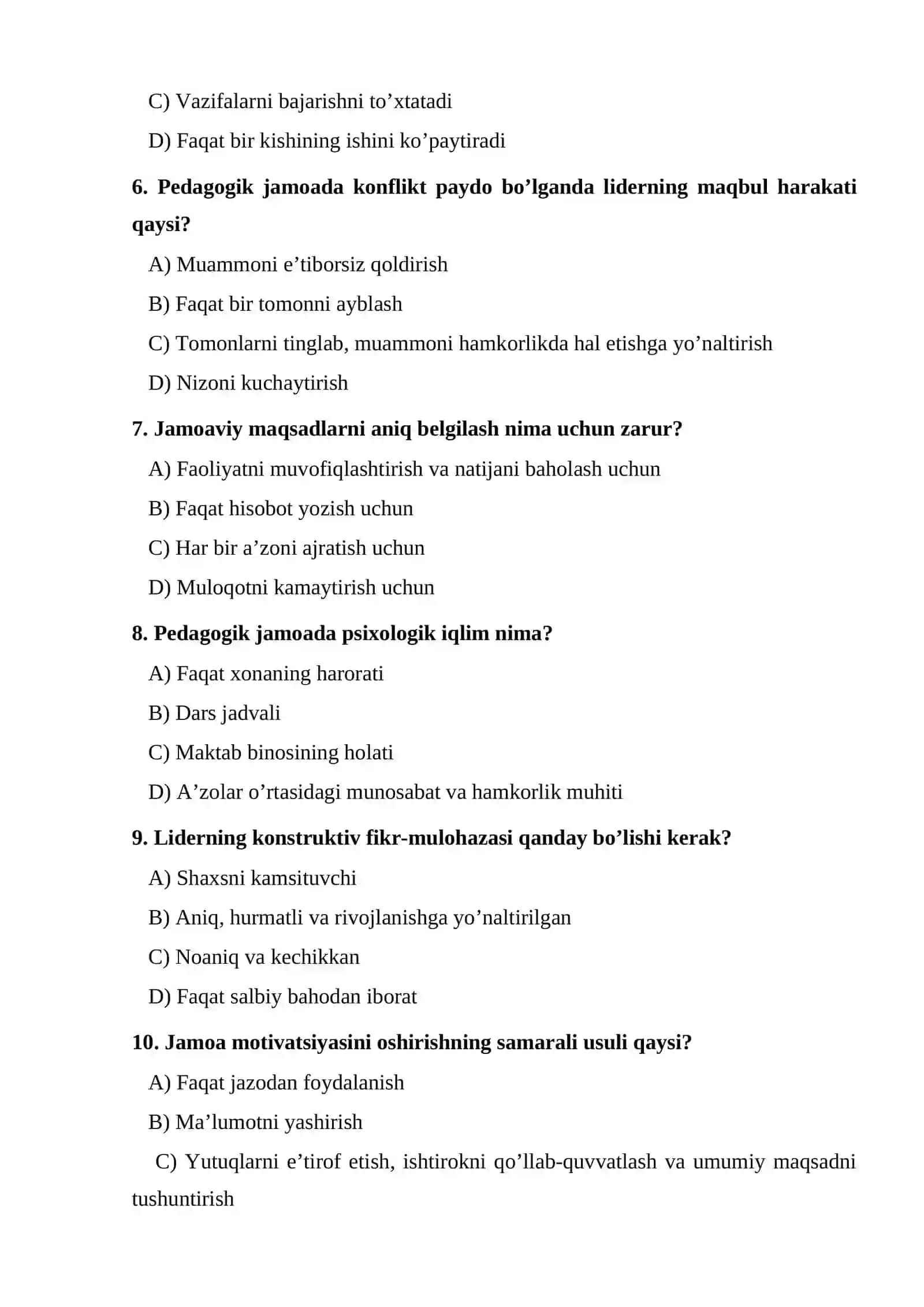 O’qituvchining liderlik qobiliyati va pedagogik jamoani boshqarish mahorati TEST. 2