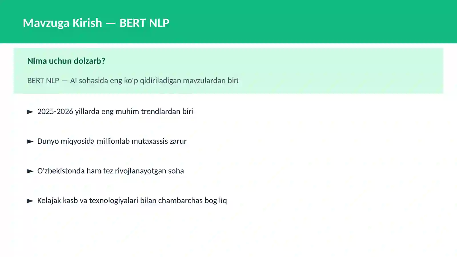 AI | DEEP LEARNING VA NEYRON TARMOQLAR BERT NLP 2