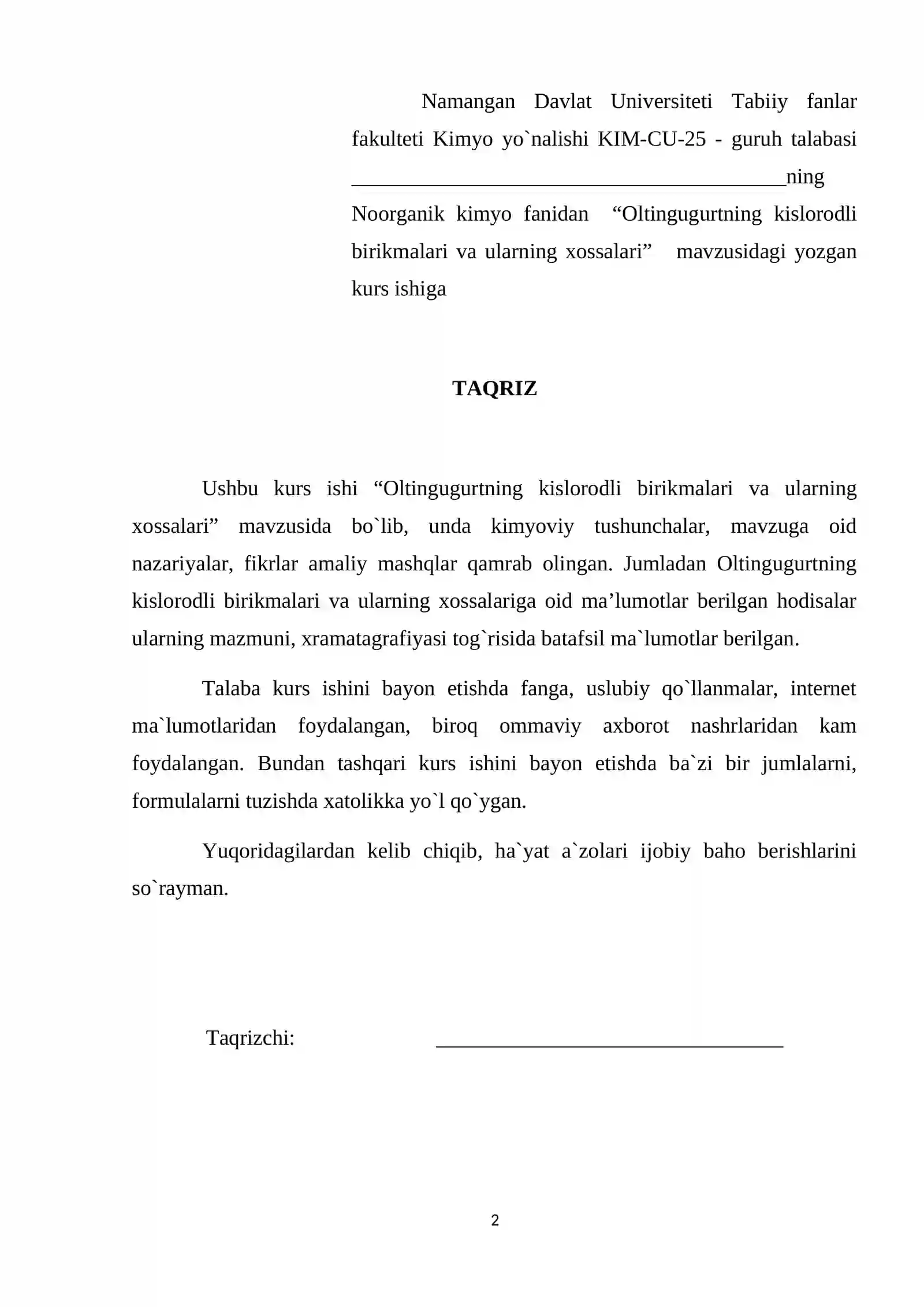 Oltingugurtning kislorodli birikmalari va ularning xossalari 2