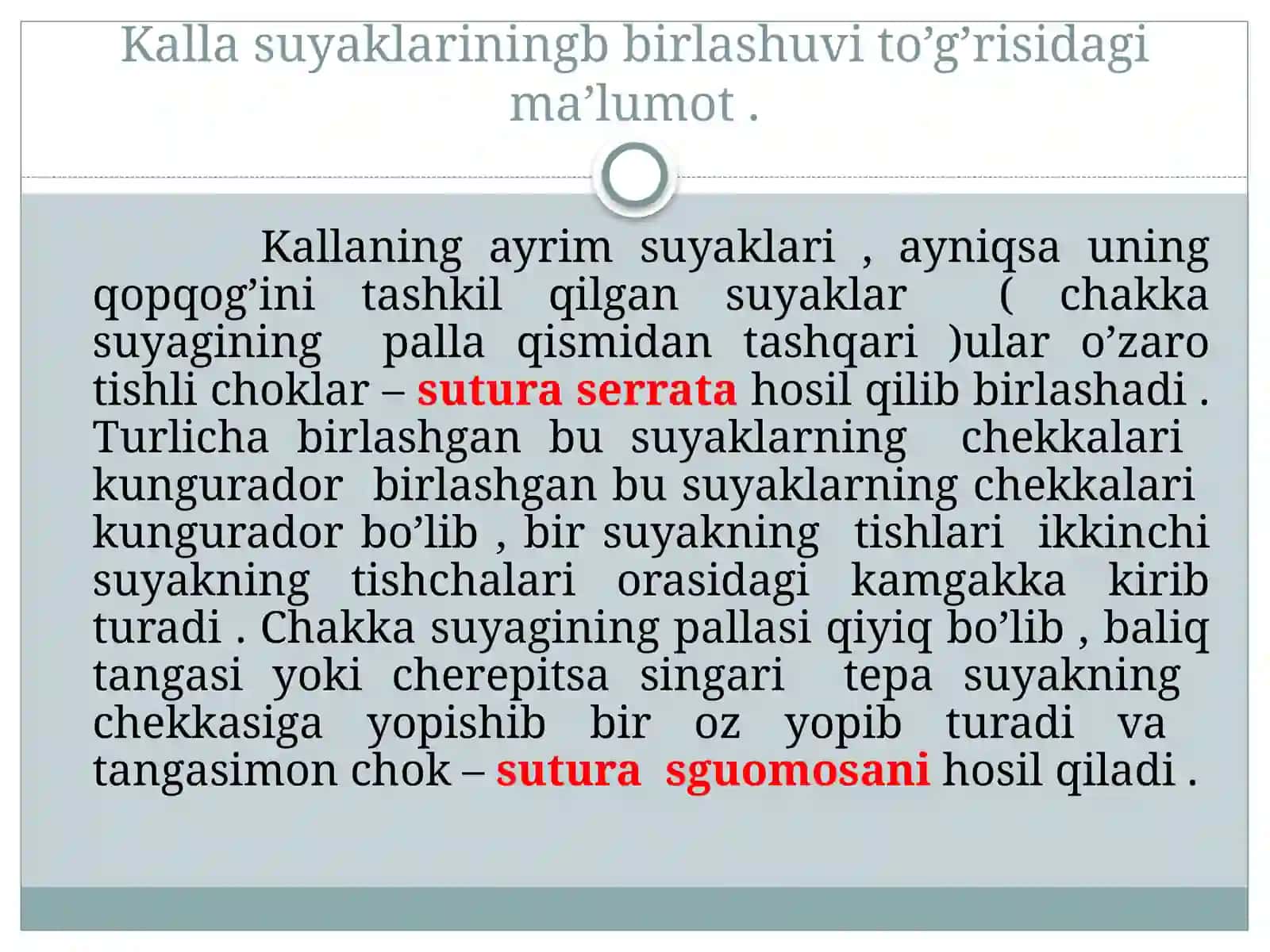 Kallasuyaklarining harakatchan vaharakatsiz birikishlari. Choklar va ularning joylashuvi va hosil bo’lishi. Chakka–pastki jag’bo’g’imi 2