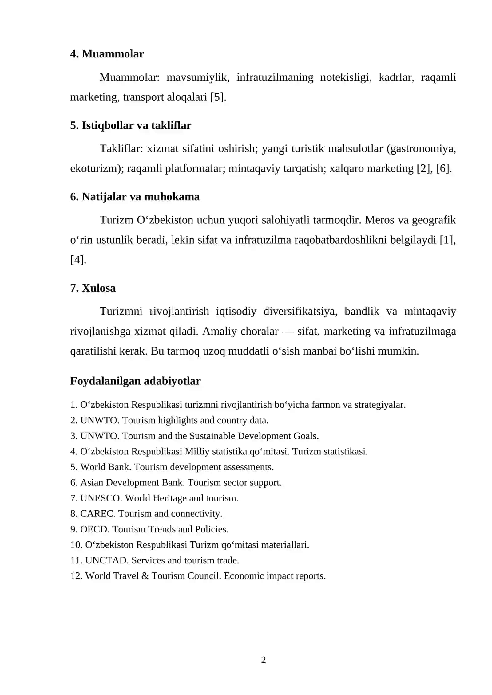 O‘ZBEKISTONDA TURIZMNI RIVOJLANTIRISHNING IQTISODIY AHAMIYATI VA ISTIQBOLLARI 2