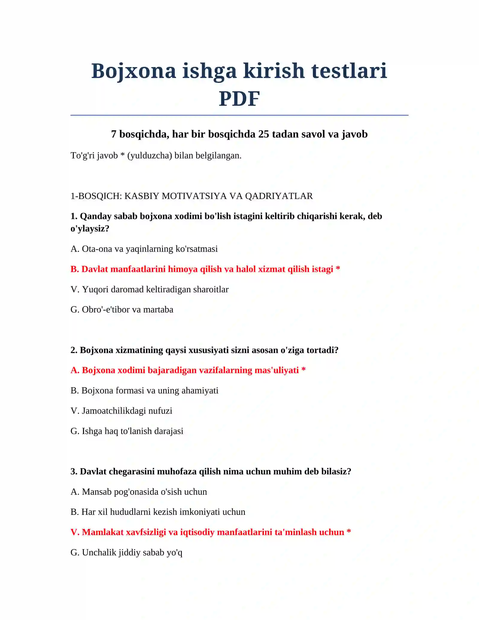 Bojxona ishga kirish testlari PDF 2