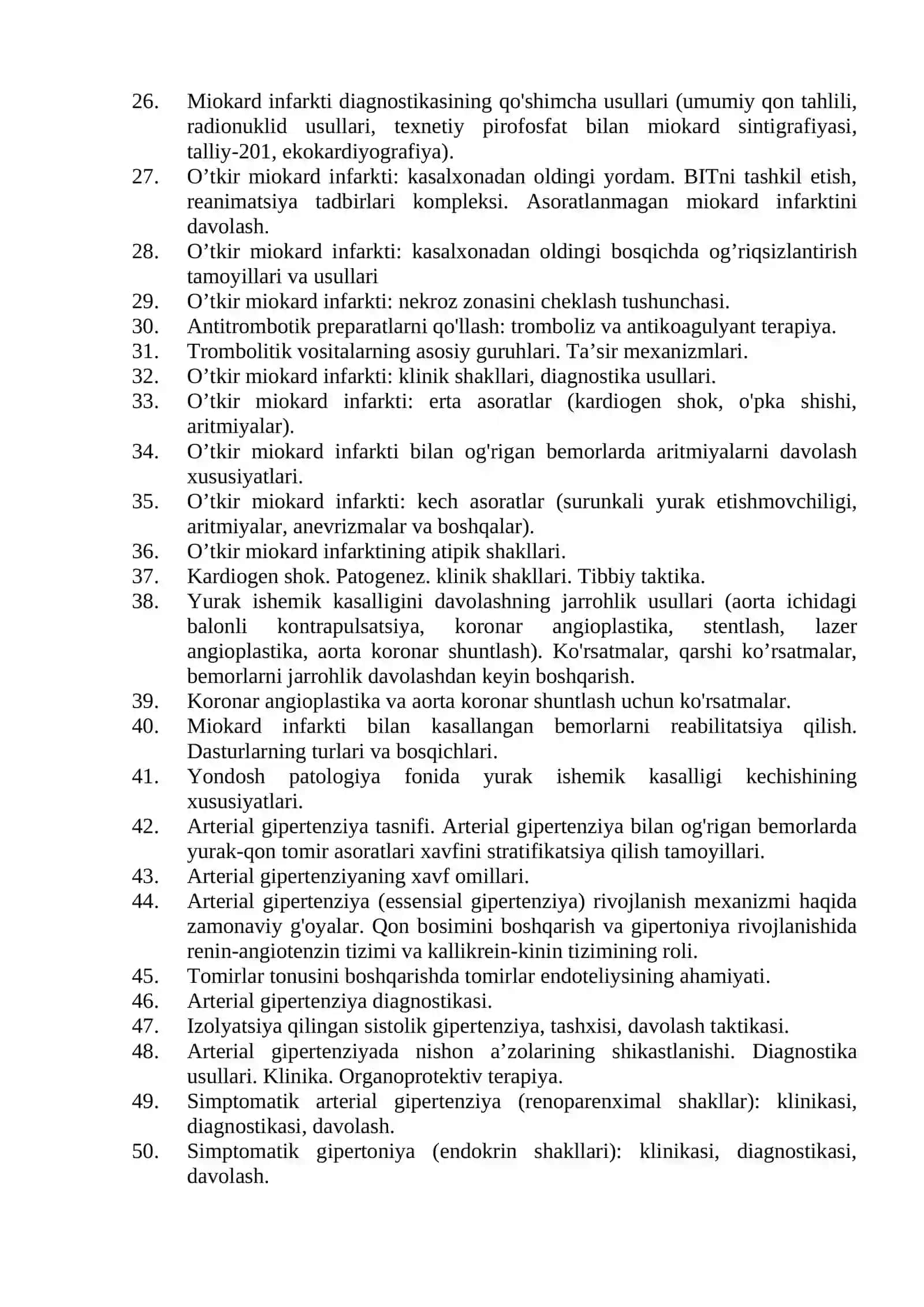 Kardiologiya mutaxassisligi bo'yicha shakllantirilgan og'zaki savollar ro'yxati 2