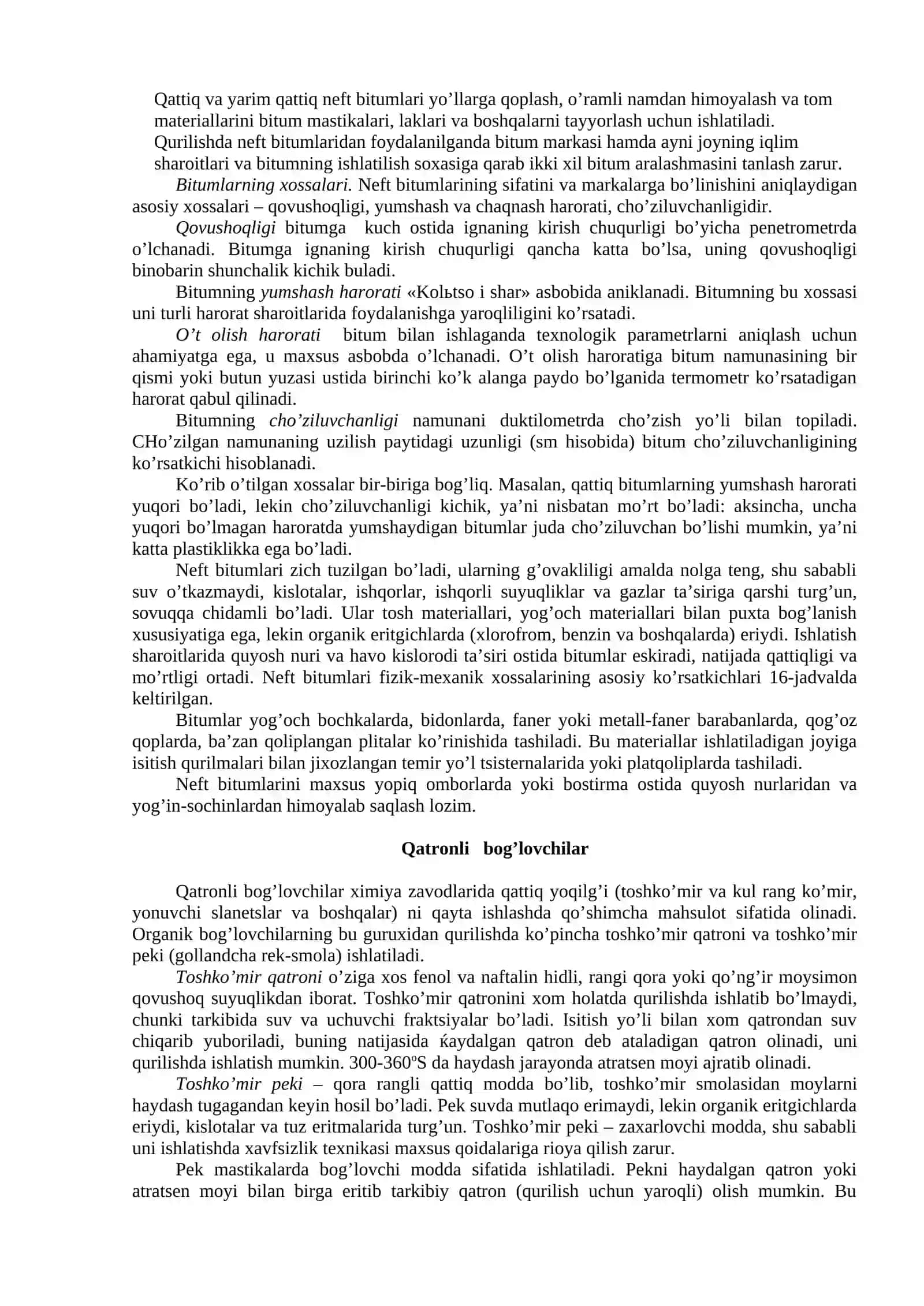 Bitumli va qatronli bog’lovchilar va ular asosida olinadigan materiallar 2