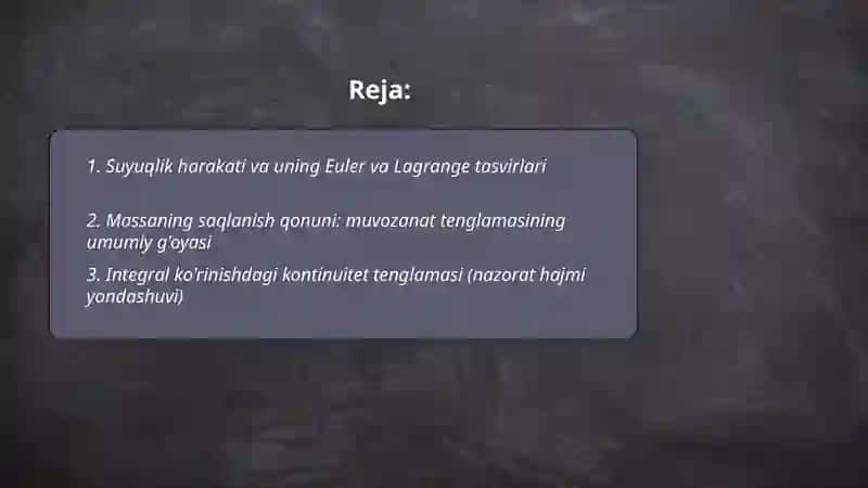 Suyuqlik harakati va muvozanat tenglamasi 2