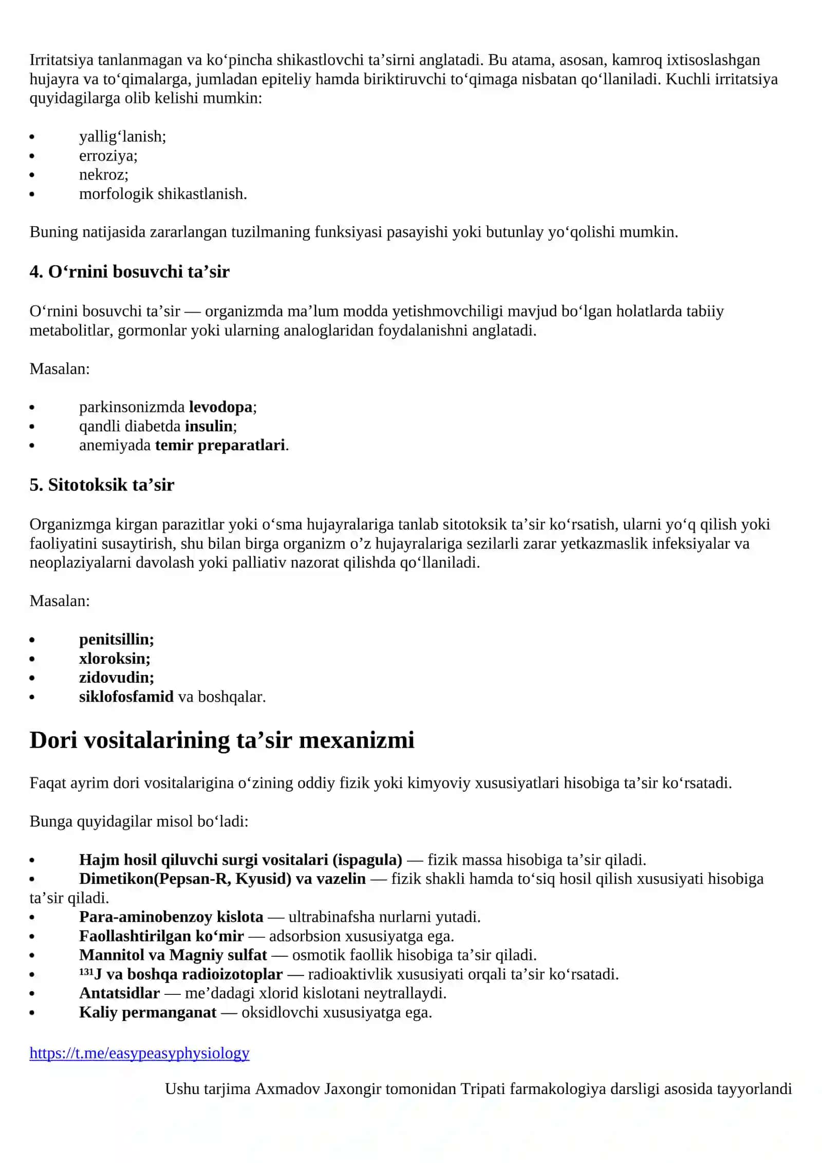 DORI VOSITALARINING TA’SIR MEXANIZMI VA RETSEPTORLAR FARMAKOLOGIYASI 2