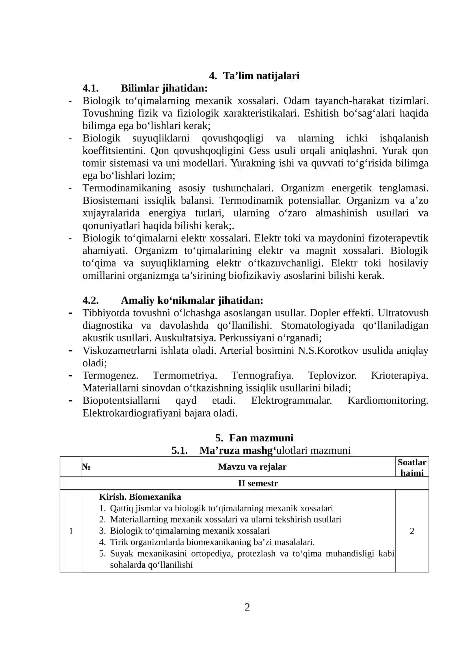 Tibbiy va biologik fizika fanida akademik ishlar bo‘yicha sillabus 2