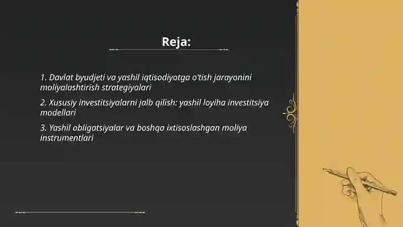 “Yashil iqtisodiyot”ga o‘tish jarayonini moliyalashtirish 2