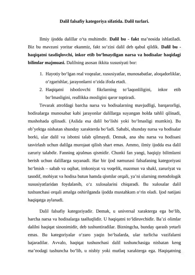 Dalil falsafiy kategoriya sifatida. Dalil turlari. 2
