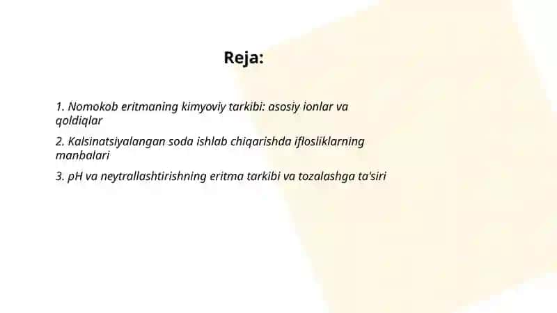 Kalsinatsiyalangan soda olishda nomokob eritmasining tarkibi va uni tozalash jarayoni 2
