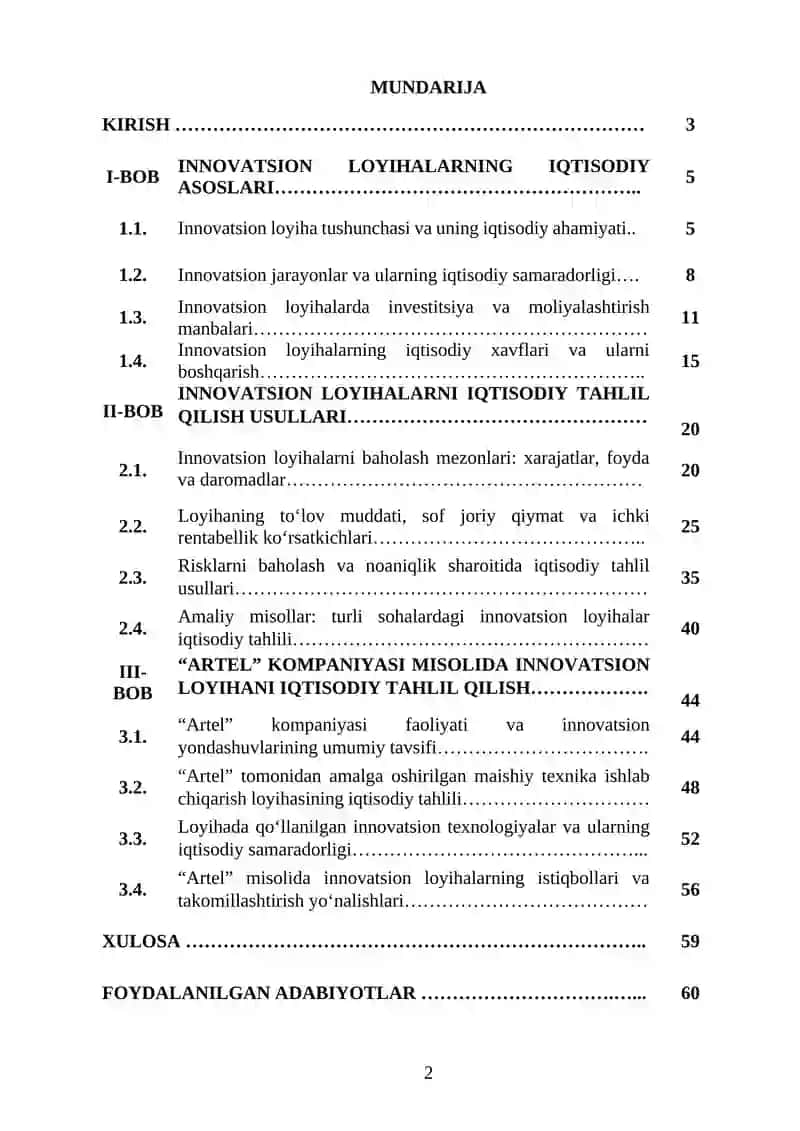 Innovatsion loyihalarni iqtisodiy tahlil qilish kursi 2
