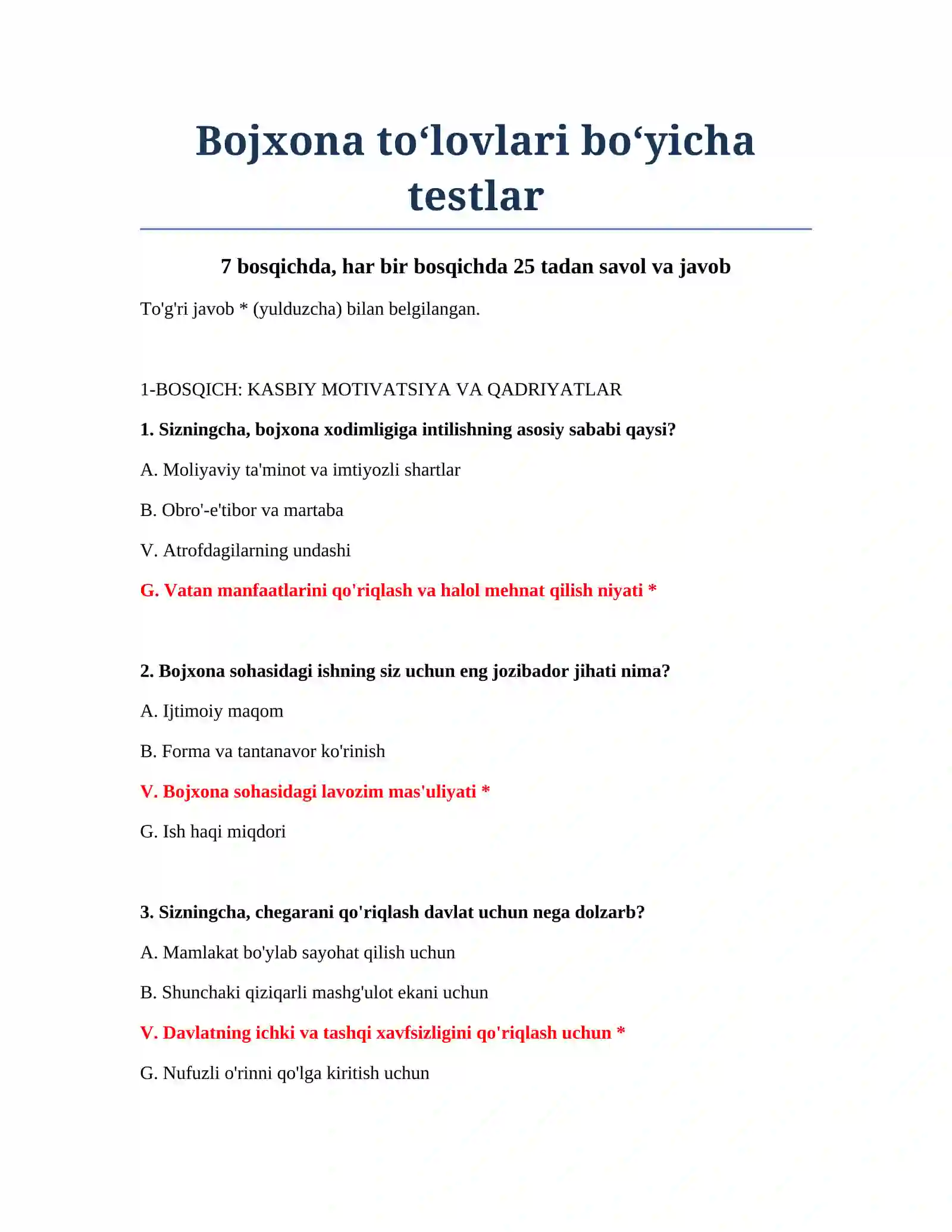 Bojxona to‘lovlari bo‘yicha testlar 2