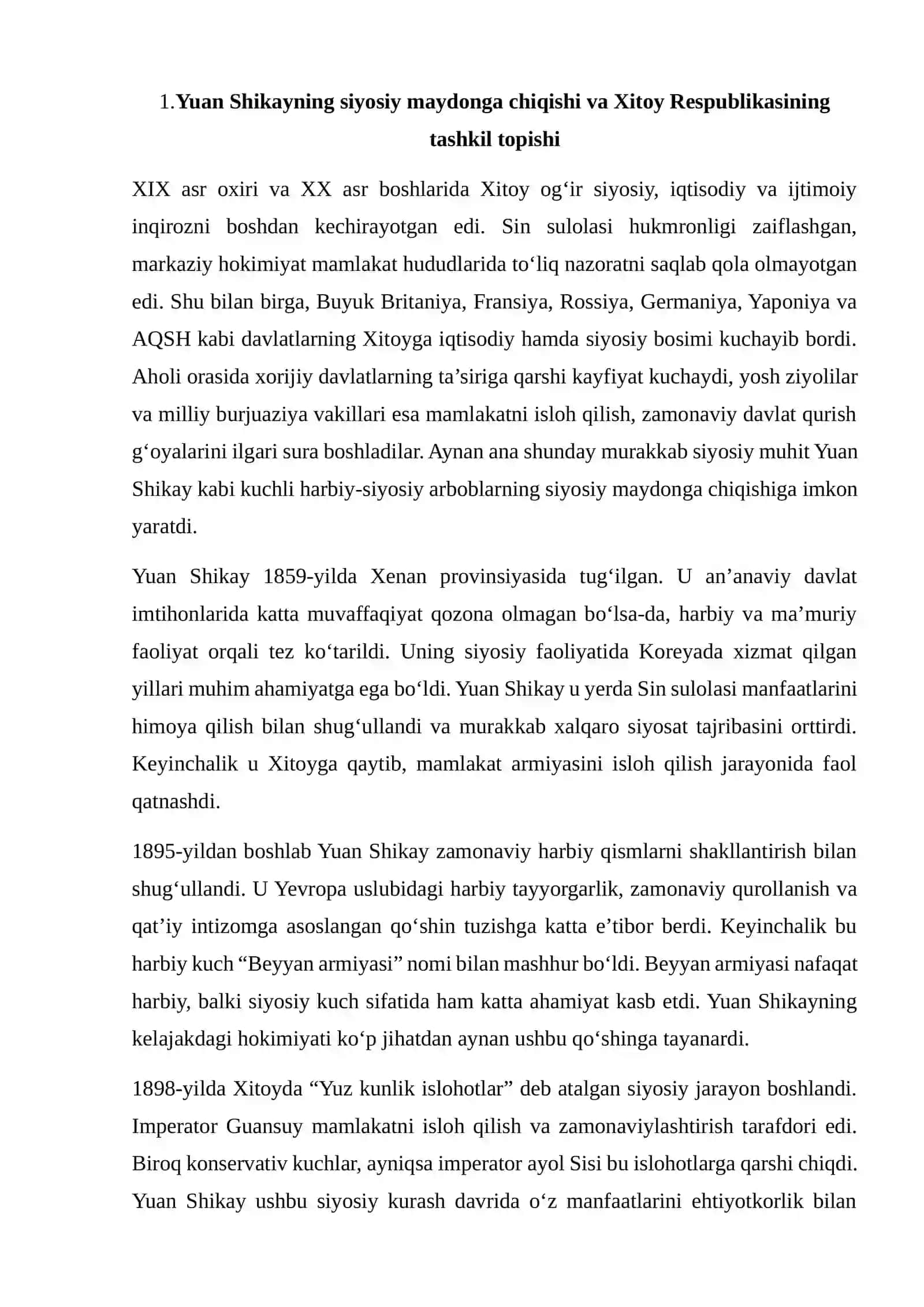 Yuan Shikayning siyosiy maydonga chiqishi va Xitoy Respublikasining tashkil topishi 2