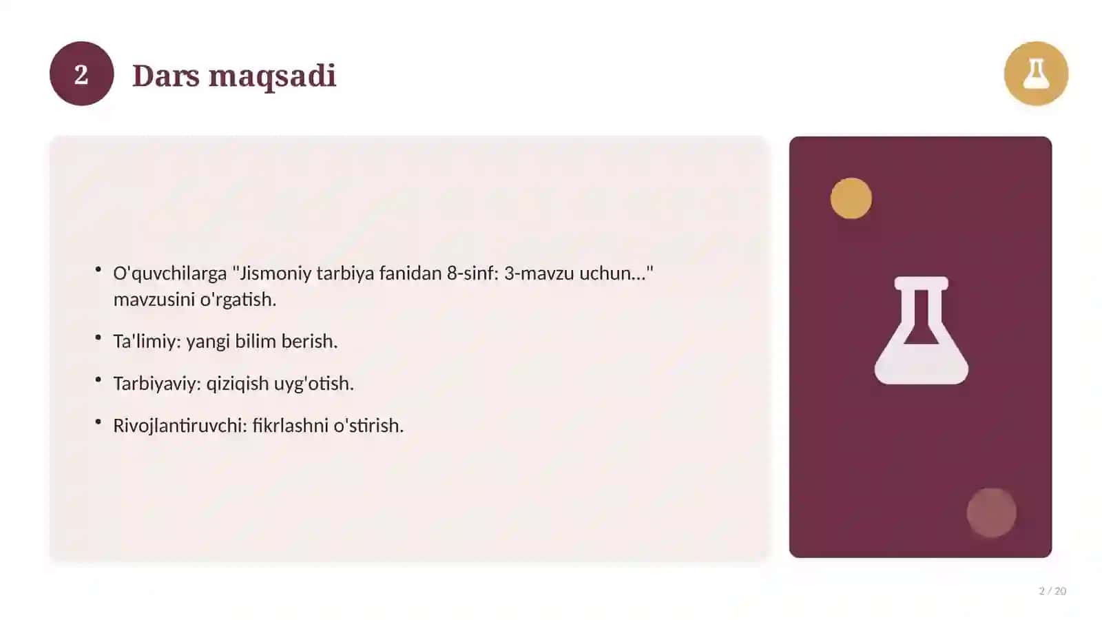 Jismoniy tarbiya fanidan 8-sinf: 3-mavzu uchun batafsil dars ishlanmasi 2