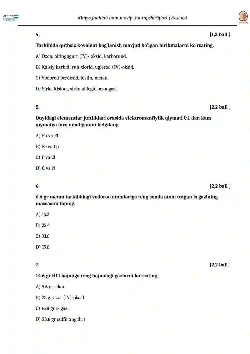 Kimyo fanidan namunaviy test topshiriqlari (ytest.uz) 2