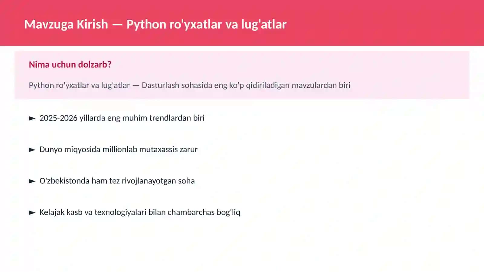 Python ro'yxatlar va lug'atlar 2