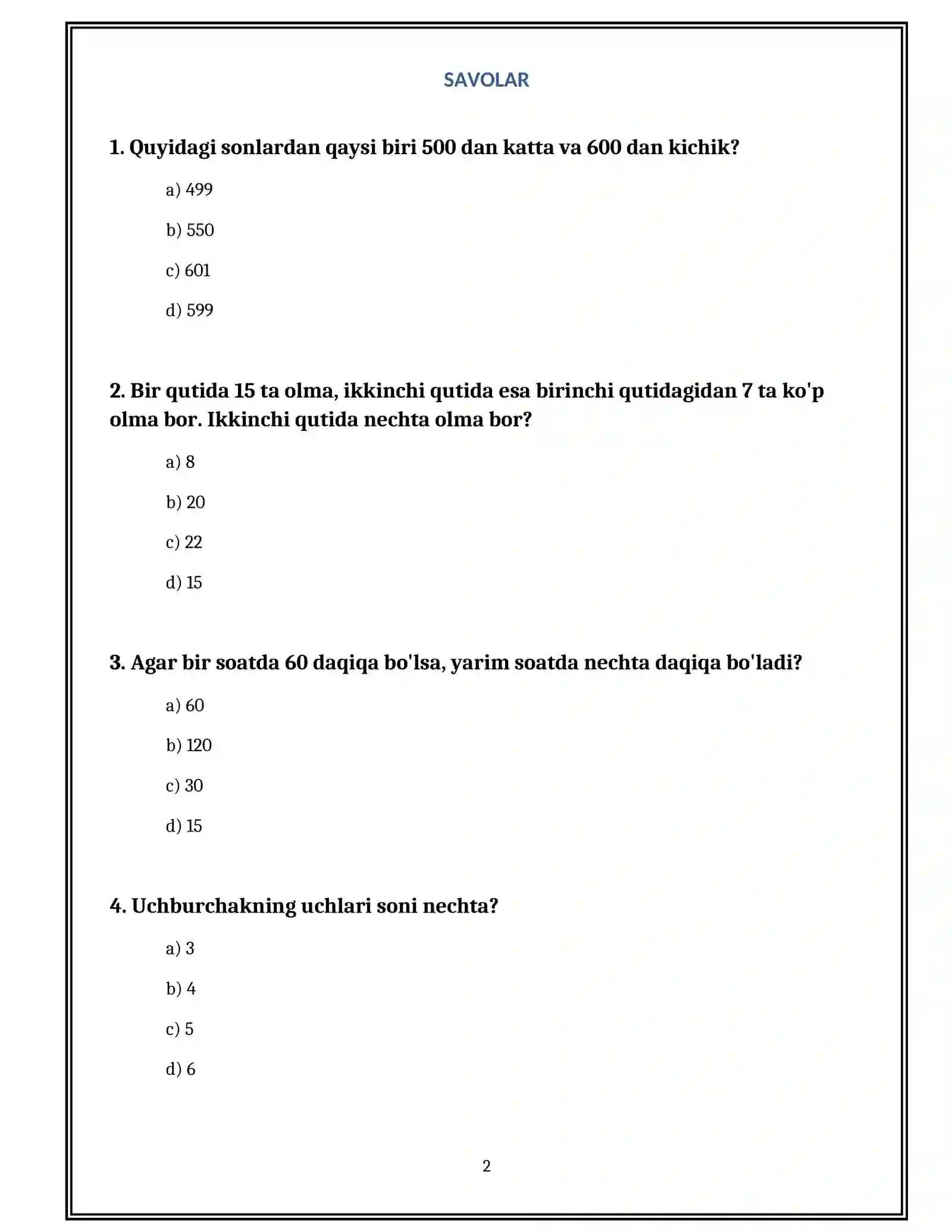 3–sinf matematika Olimpiada testlari. 2