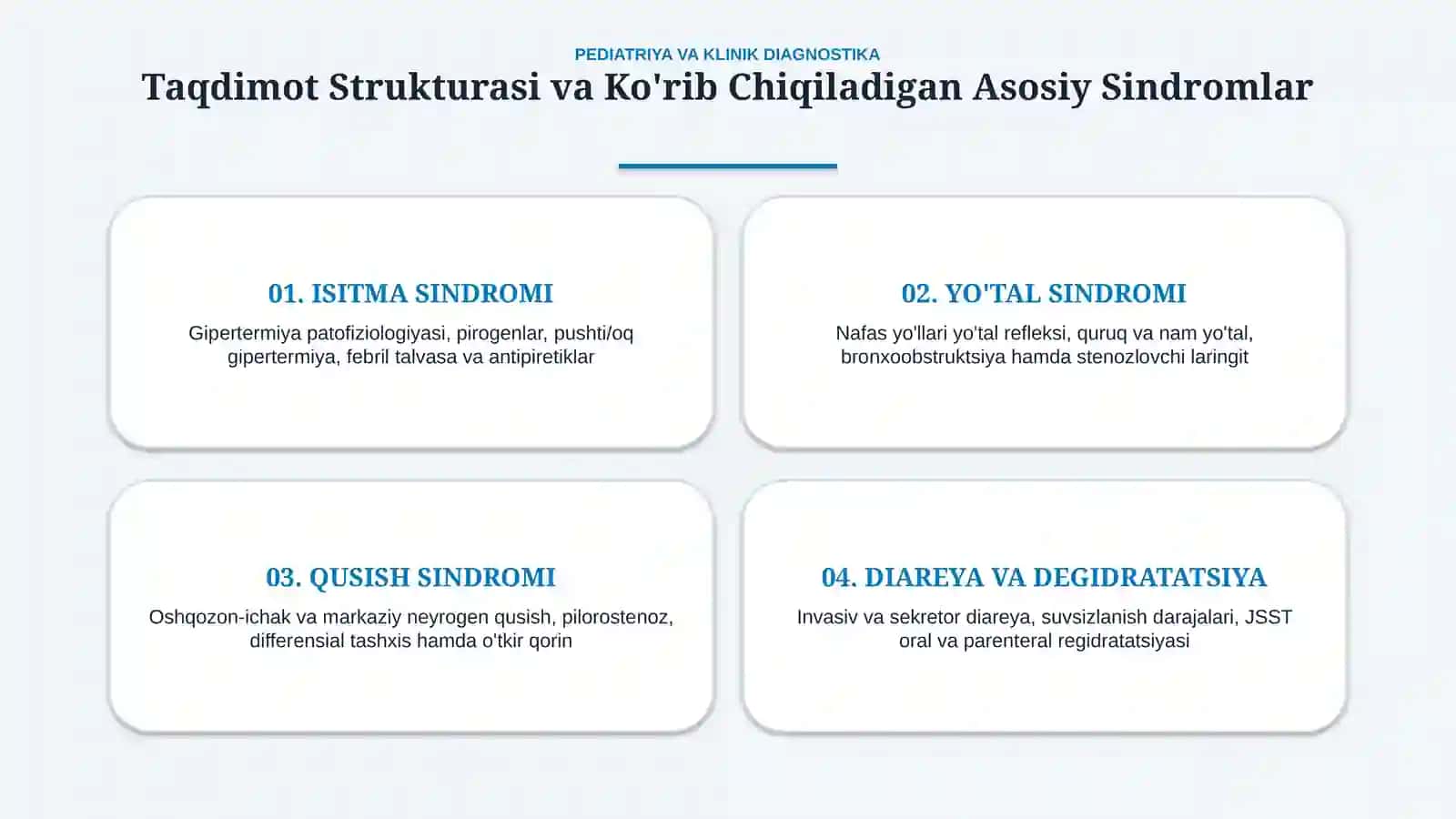 Asosiy klinik simptom va sindromlar: Isitma, yo‘tal, qusish, diareya — 15 slayd 2
